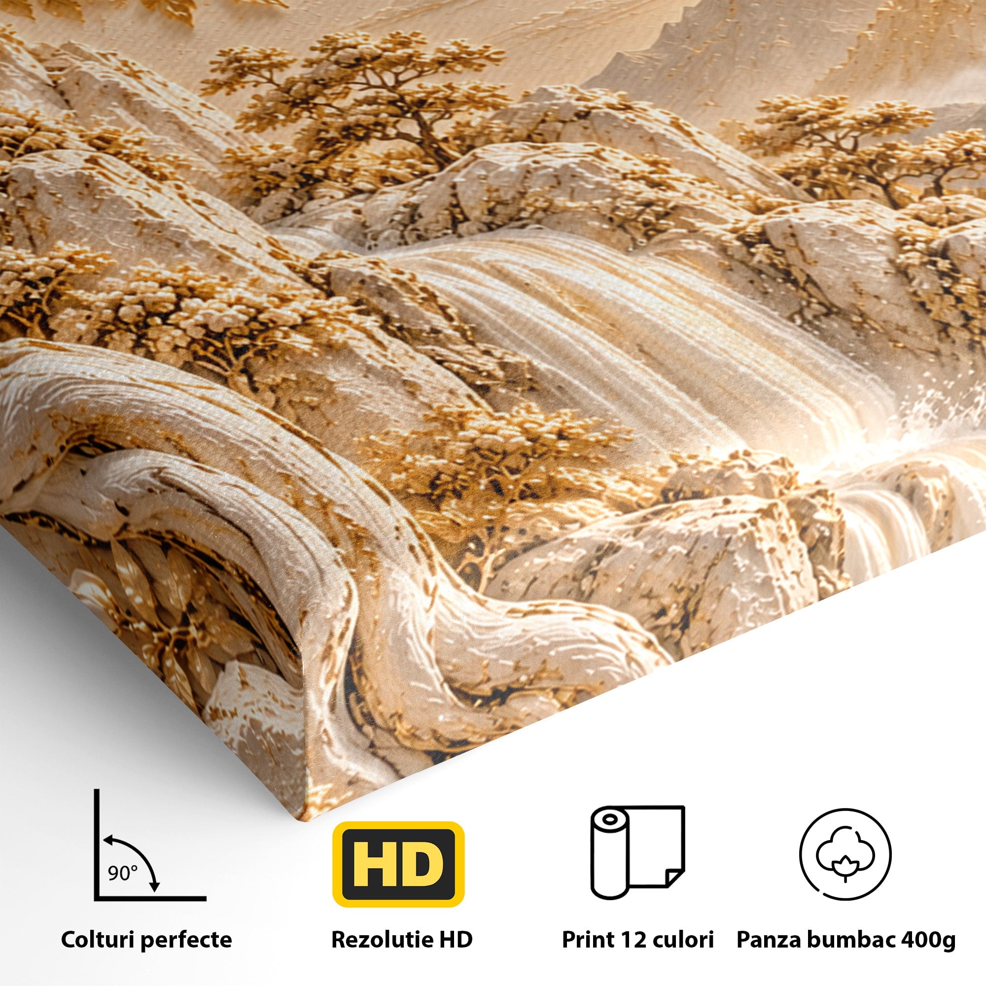 Tablou Canvas Premium LuxCanva® PI1429, Peisaj Montan cu Cascada, Priveliste, Visare, Copac, Natura, Apus, Culori Vibrante, Living, Dormitor