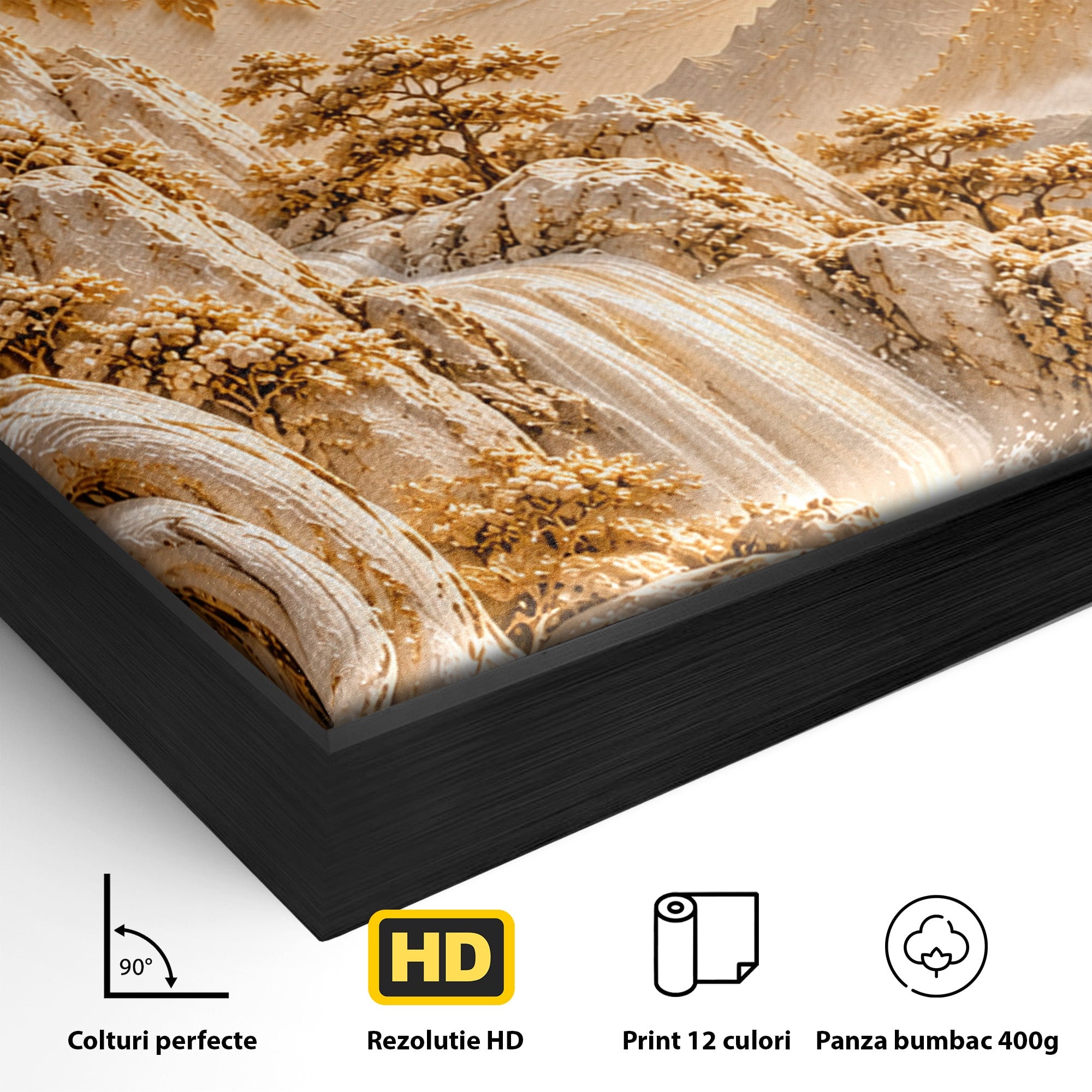 Tablou Canvas Premium LuxCanva® PI1429, Peisaj Montan cu Cascada, Priveliste, Visare, Copac, Natura, Apus, Culori Vibrante, Living, Dormitor