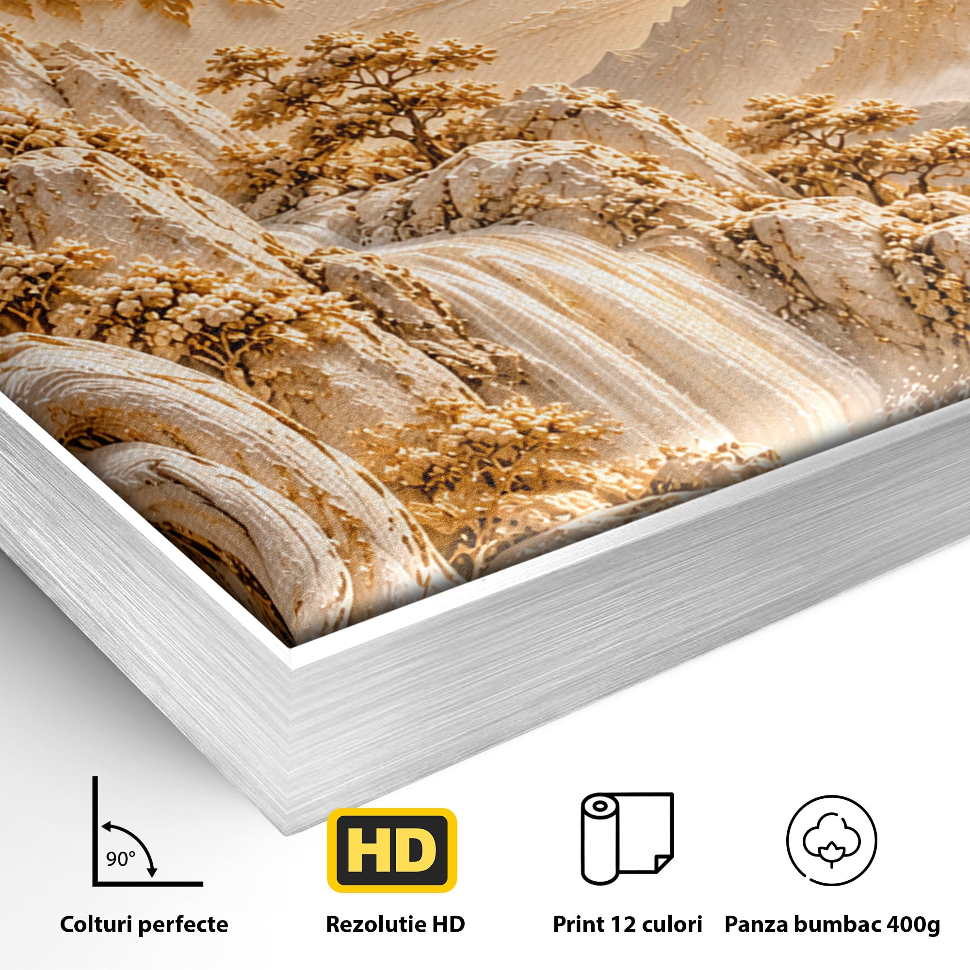 Tablou Canvas Premium LuxCanva® PI1429, Peisaj Montan cu Cascada, Priveliste, Visare, Copac, Natura, Apus, Culori Vibrante, Living, Dormitor