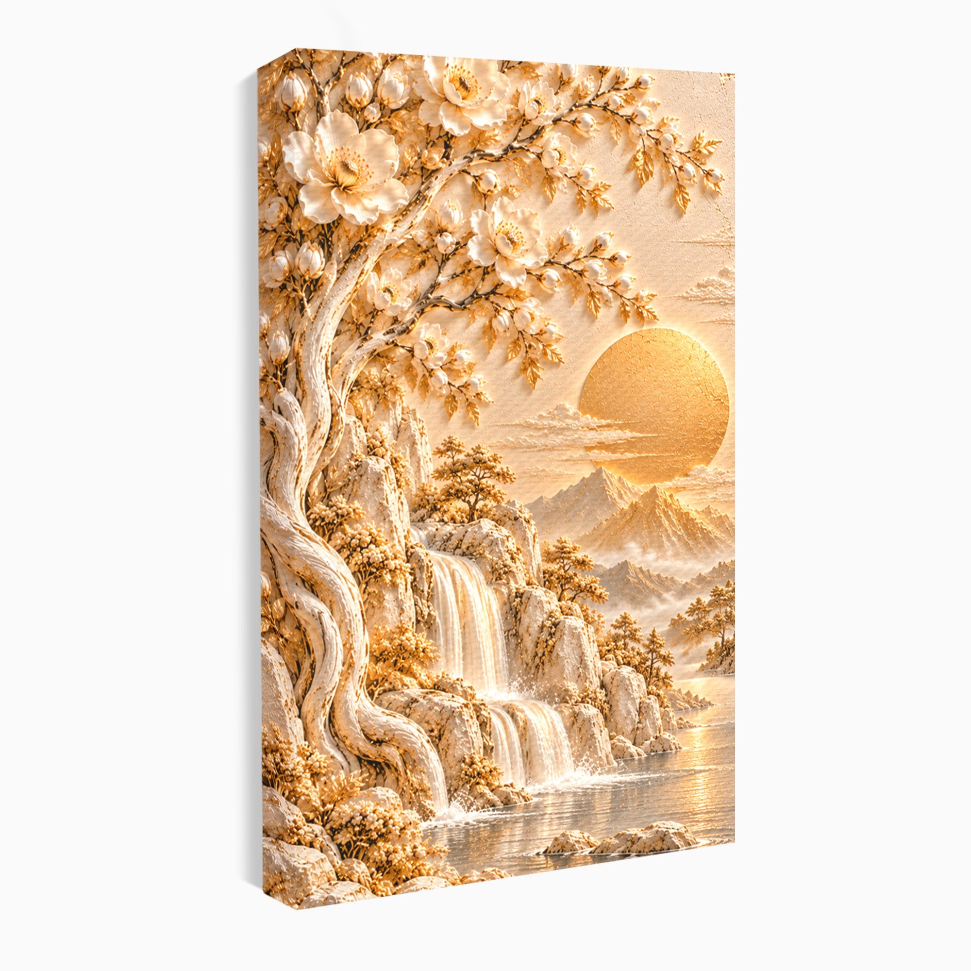 Tablou Canvas Premium LuxCanva® PI1429, Peisaj Montan cu Cascada, Priveliste, Visare, Copac, Natura, Apus, Culori Vibrante, Living, Dormitor