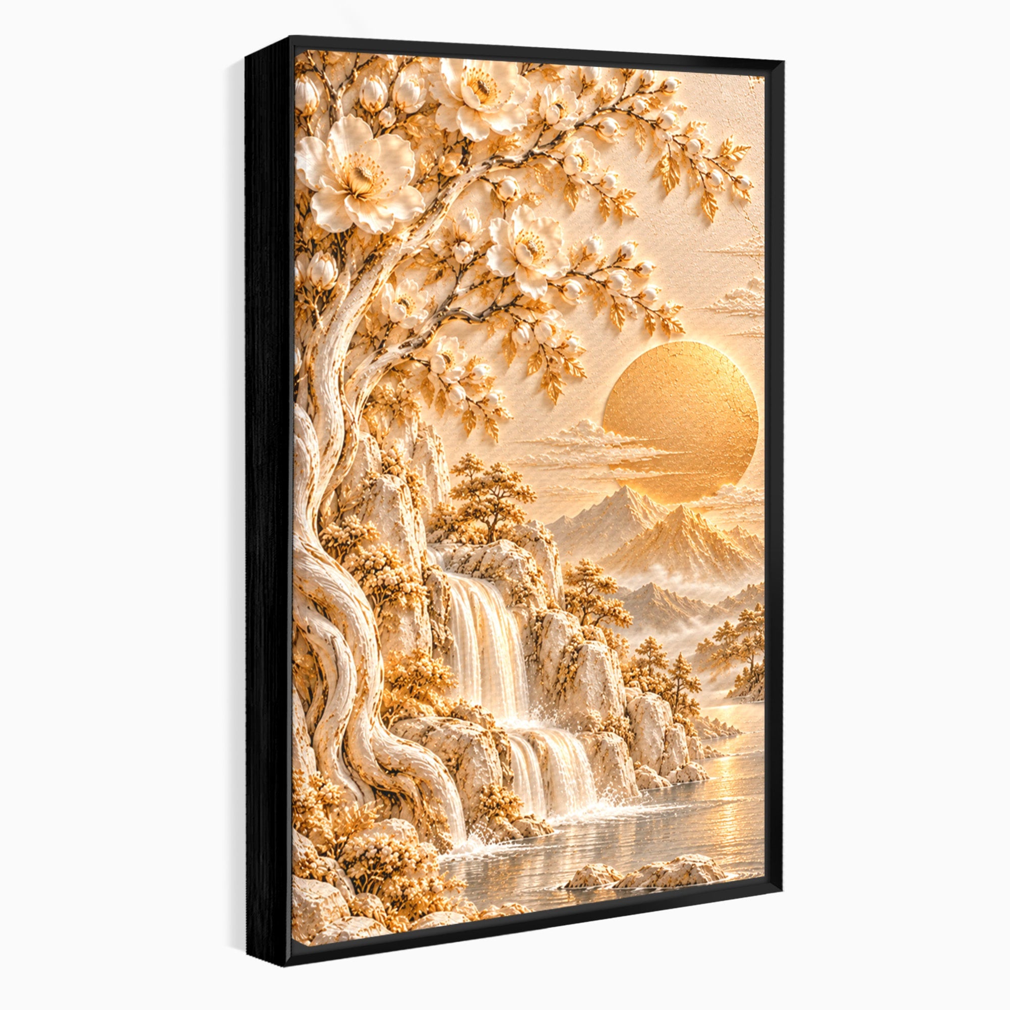Tablou Canvas Premium LuxCanva® PI1429, Peisaj Montan cu Cascada, Priveliste, Visare, Copac, Natura, Apus, Culori Vibrante, Living, Dormitor