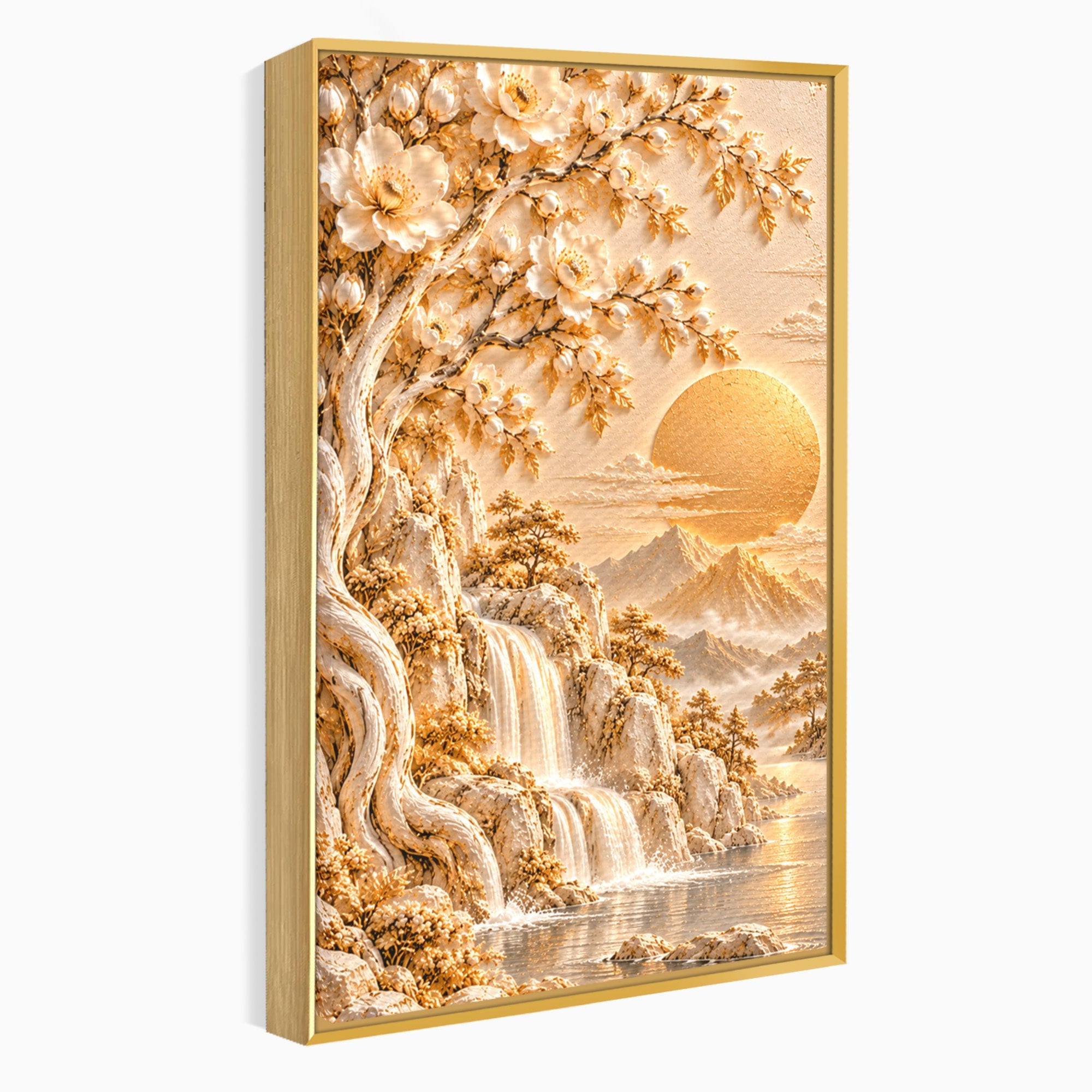 Tablou Canvas Premium LuxCanva® PI1429, Peisaj Montan cu Cascada, Priveliste, Visare, Copac, Natura, Apus, Culori Vibrante, Living, Dormitor