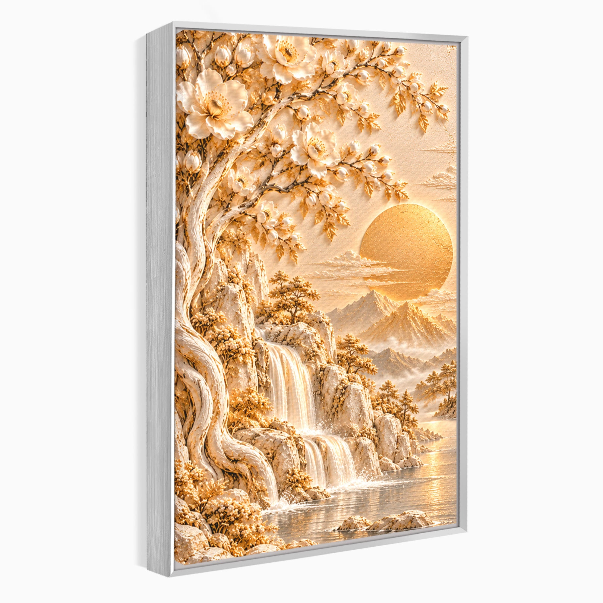 Tablou Canvas Premium LuxCanva® PI1429, Peisaj Montan cu Cascada, Priveliste, Visare, Copac, Natura, Apus, Culori Vibrante, Living, Dormitor
