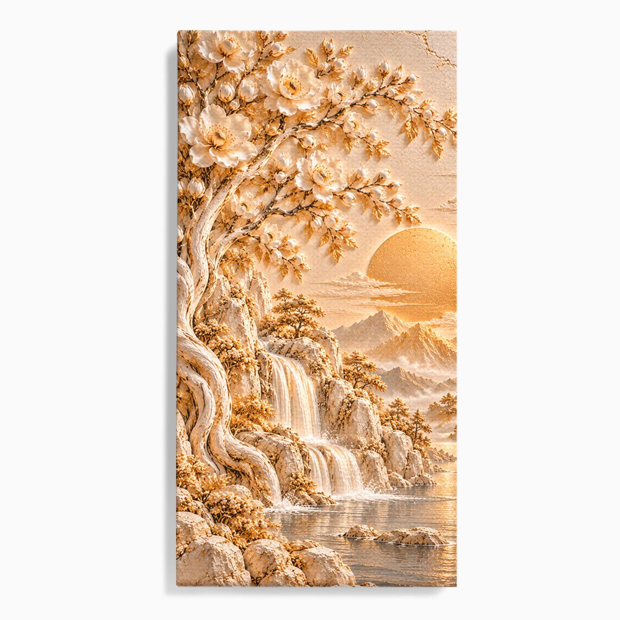Tablou Canvas Premium LuxCanva® PI1429, Peisaj Montan cu Cascada, Priveliste, Visare, Copac, Natura, Apus, Culori Vibrante, Living, Dormitor