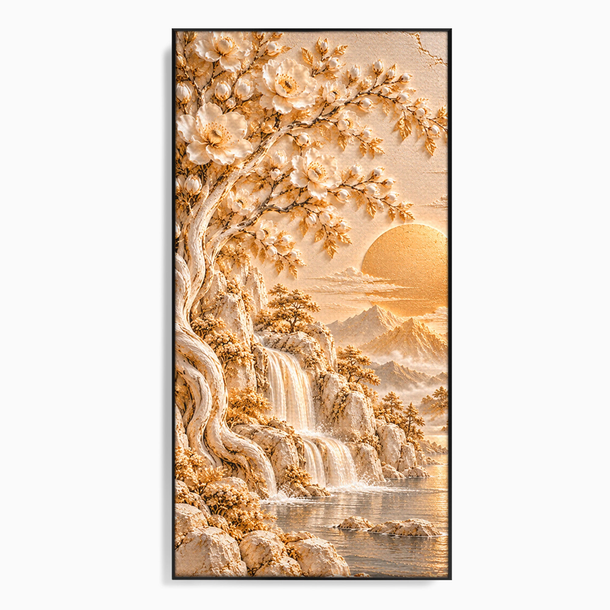 Tablou Canvas Premium LuxCanva® PI1429, Peisaj Montan cu Cascada, Priveliste, Visare, Copac, Natura, Apus, Culori Vibrante, Living, Dormitor