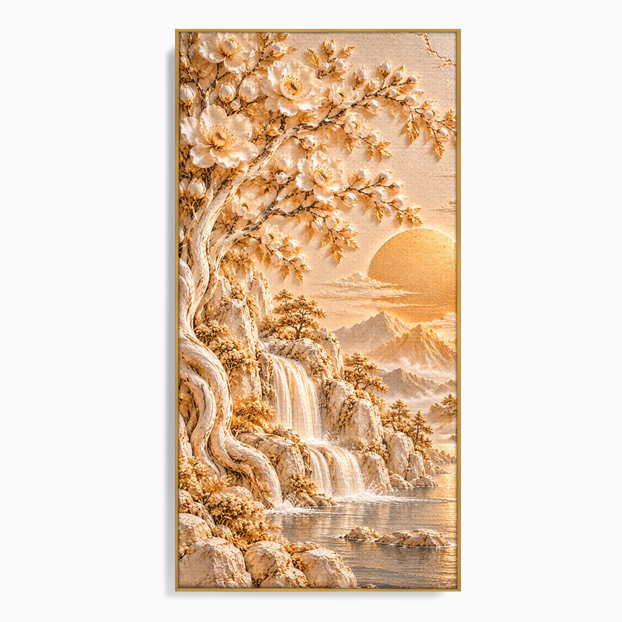 Tablou Canvas Premium LuxCanva® PI1429, Peisaj Montan cu Cascada, Priveliste, Visare, Copac, Natura, Apus, Culori Vibrante, Living, Dormitor