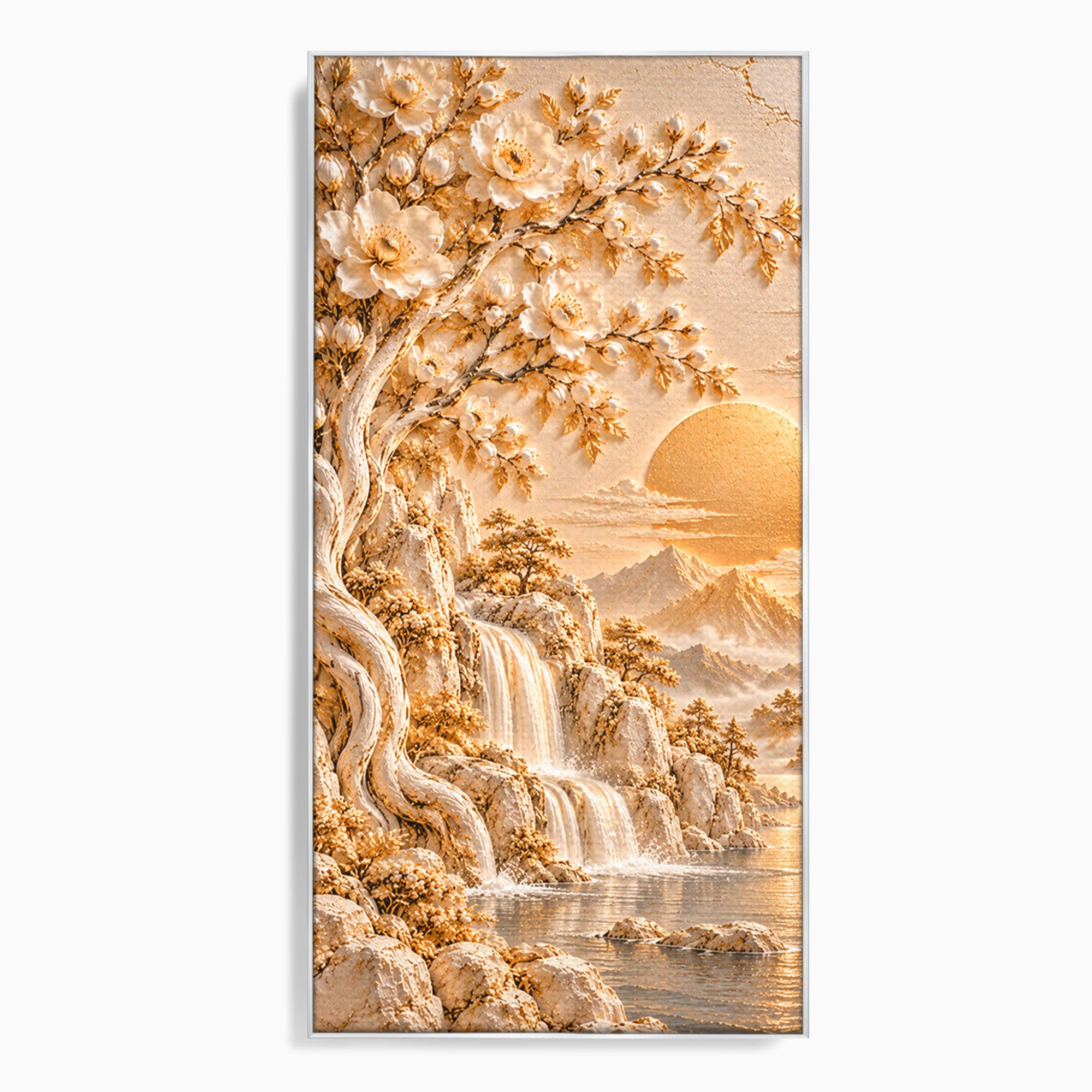 Tablou Canvas Premium LuxCanva® PI1429, Peisaj Montan cu Cascada, Priveliste, Visare, Copac, Natura, Apus, Culori Vibrante, Living, Dormitor