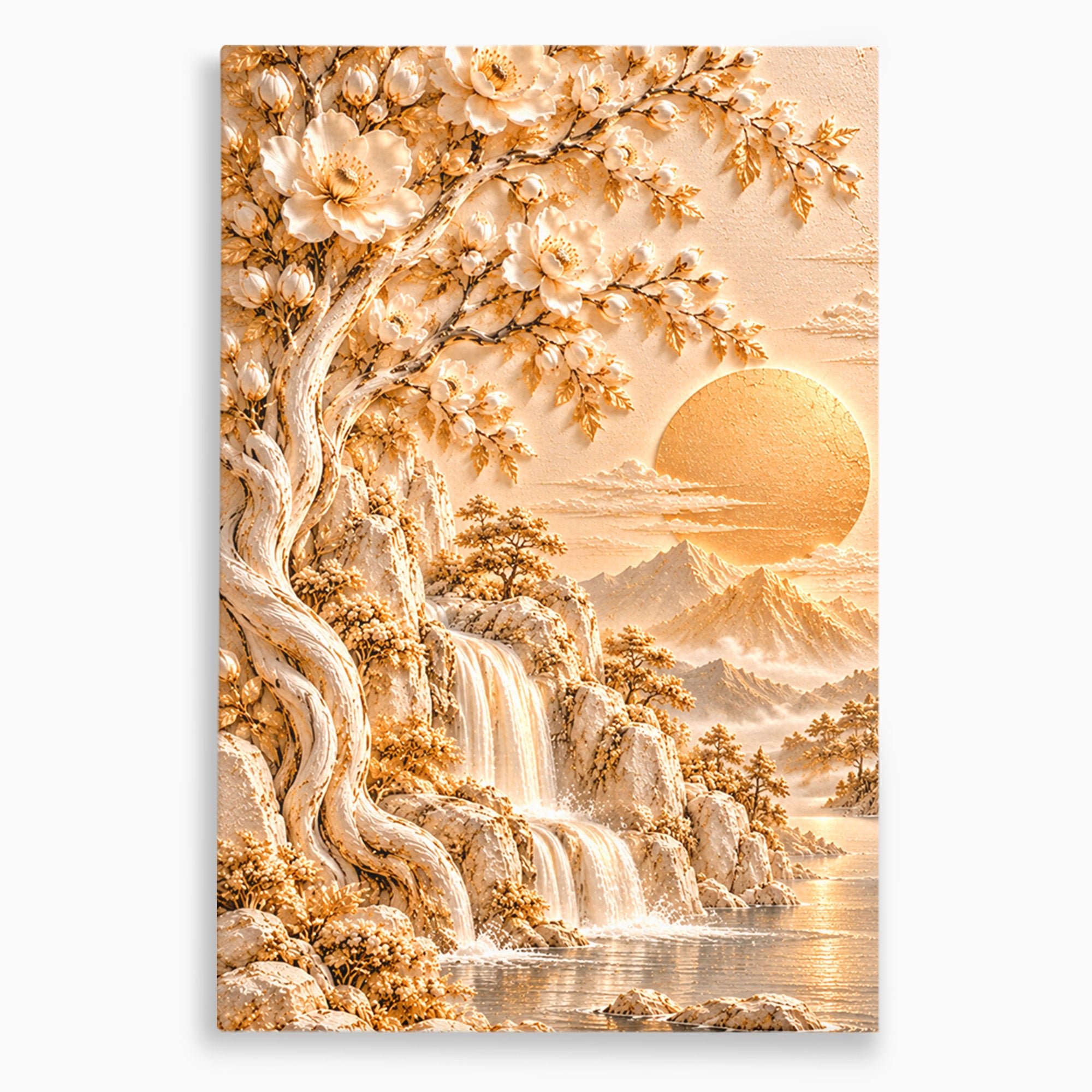 Tablou Canvas Premium LuxCanva® PI1429, Peisaj Montan cu Cascada, Priveliste, Visare, Copac, Natura, Apus, Culori Vibrante, Living, Dormitor