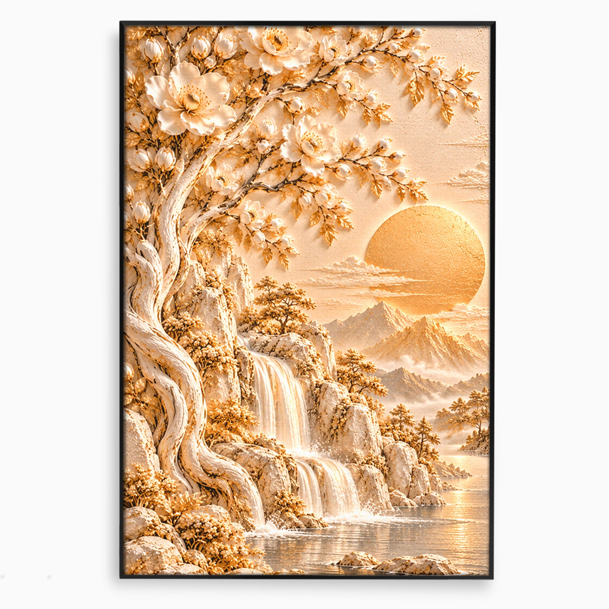 Tablou Canvas Premium LuxCanva® PI1429, Peisaj Montan cu Cascada, Priveliste, Visare, Copac, Natura, Apus, Culori Vibrante, Living, Dormitor