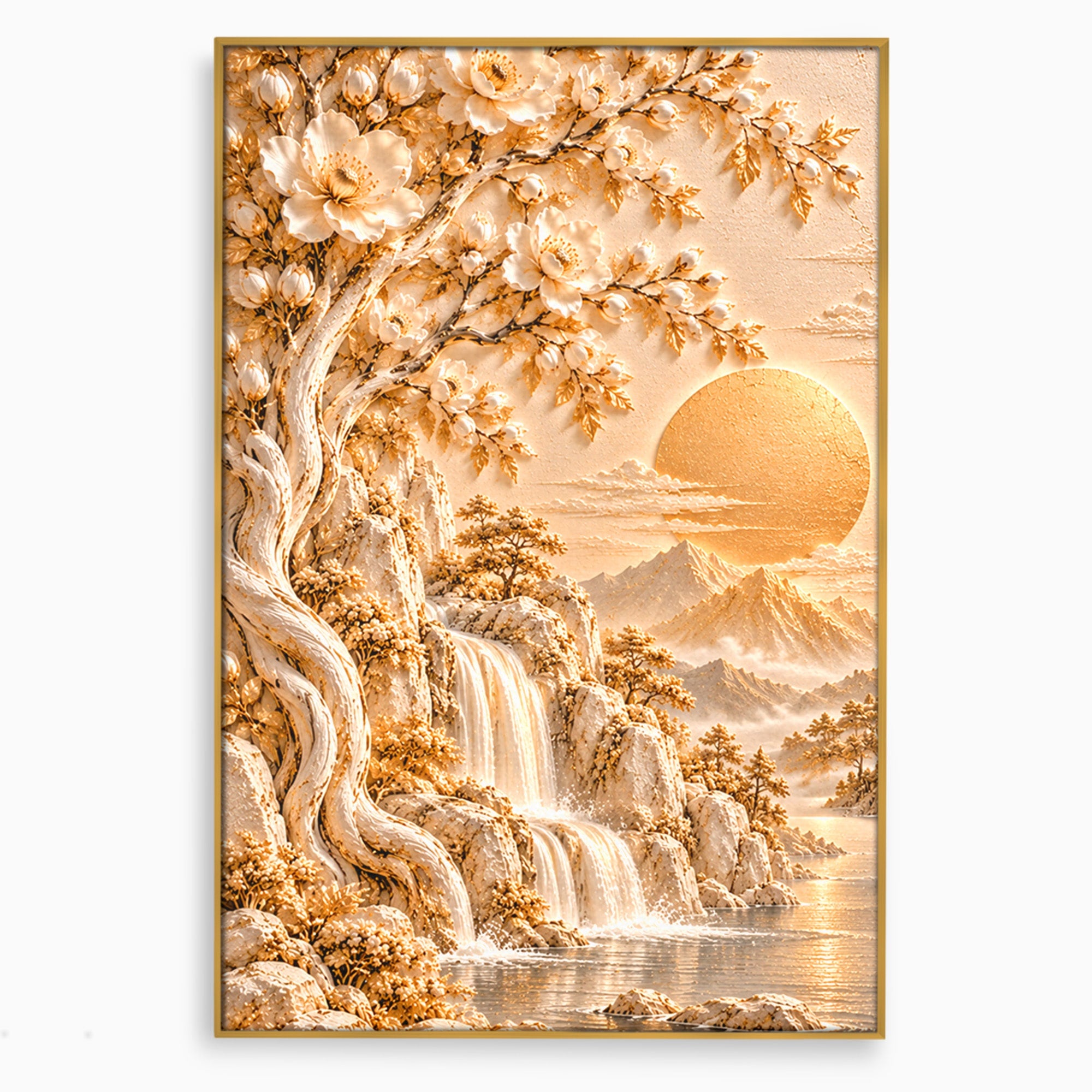 Tablou Canvas Premium LuxCanva® PI1429, Peisaj Montan cu Cascada, Priveliste, Visare, Copac, Natura, Apus, Culori Vibrante, Living, Dormitor