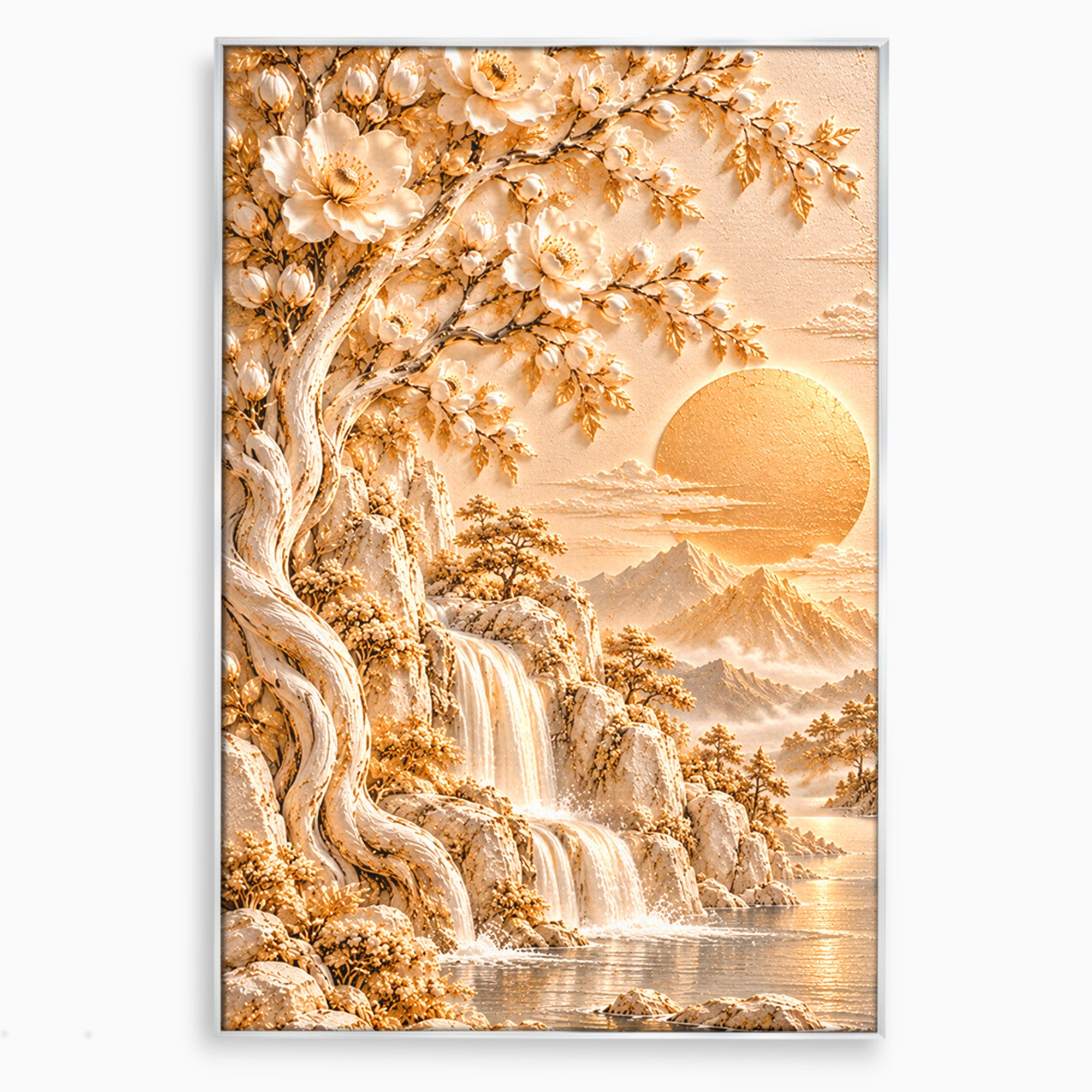 Tablou Canvas Premium LuxCanva® PI1429, Peisaj Montan cu Cascada, Priveliste, Visare, Copac, Natura, Apus, Culori Vibrante, Living, Dormitor