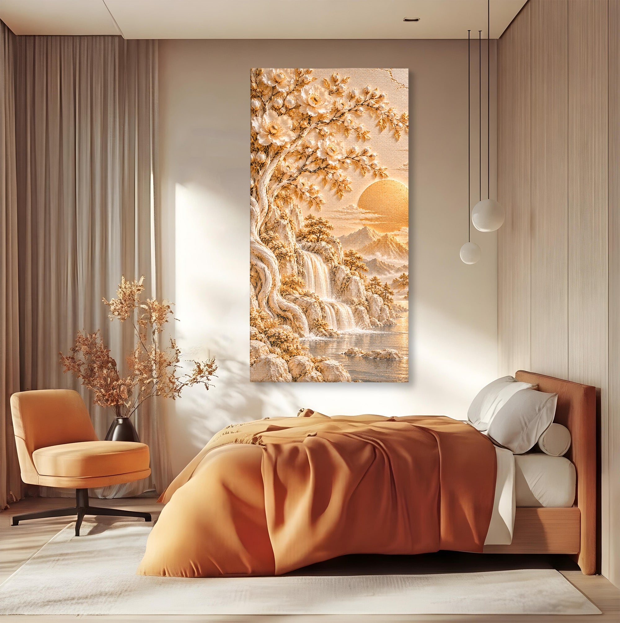 Tablou Canvas Premium LuxCanva® PI1429, Peisaj Montan cu Cascada, Priveliste, Visare, Copac, Natura, Apus, Culori Vibrante, Living, Dormitor