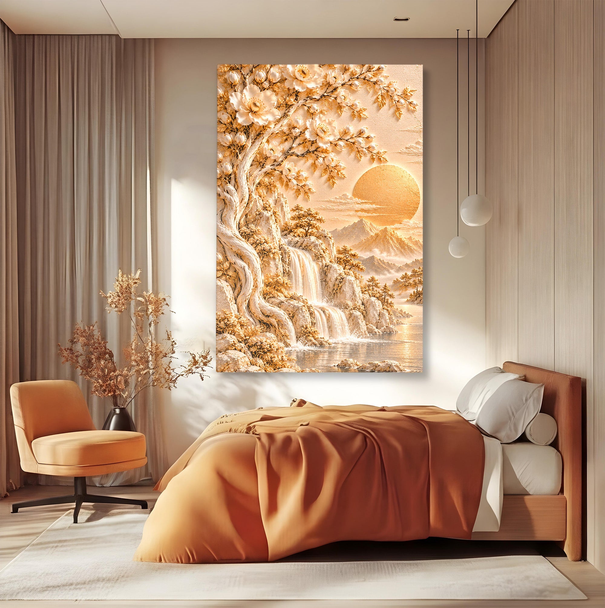 Tablou Canvas Premium LuxCanva® PI1429, Peisaj Montan cu Cascada, Priveliste, Visare, Copac, Natura, Apus, Culori Vibrante, Living, Dormitor