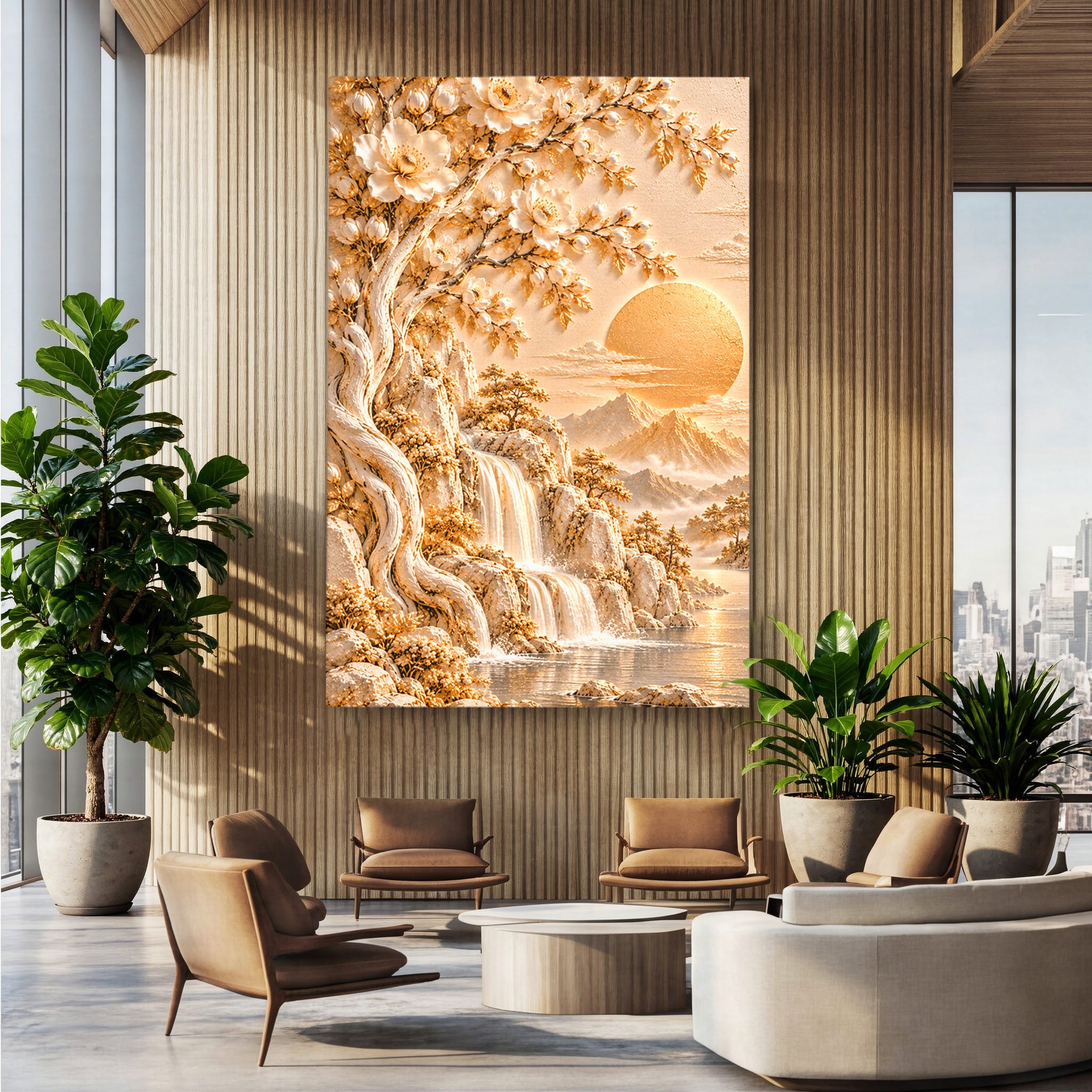 Tablou Canvas Premium LuxCanva® PI1429, Peisaj Montan cu Cascada, Priveliste, Visare, Copac, Natura, Apus, Culori Vibrante, Living, Dormitor