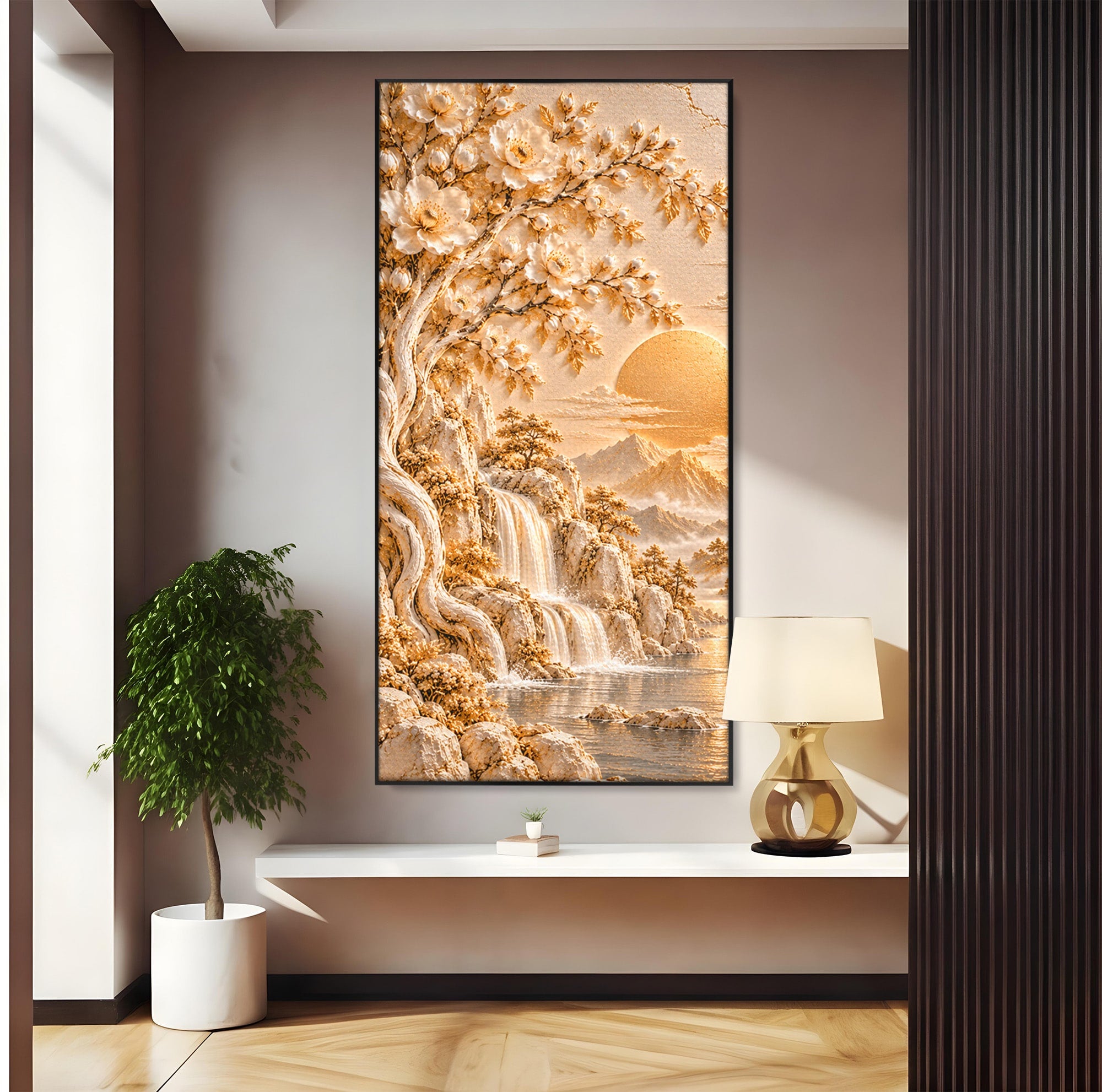 Tablou Canvas Premium LuxCanva® PI1429, Peisaj Montan cu Cascada, Priveliste, Visare, Copac, Natura, Apus, Culori Vibrante, Living, Dormitor