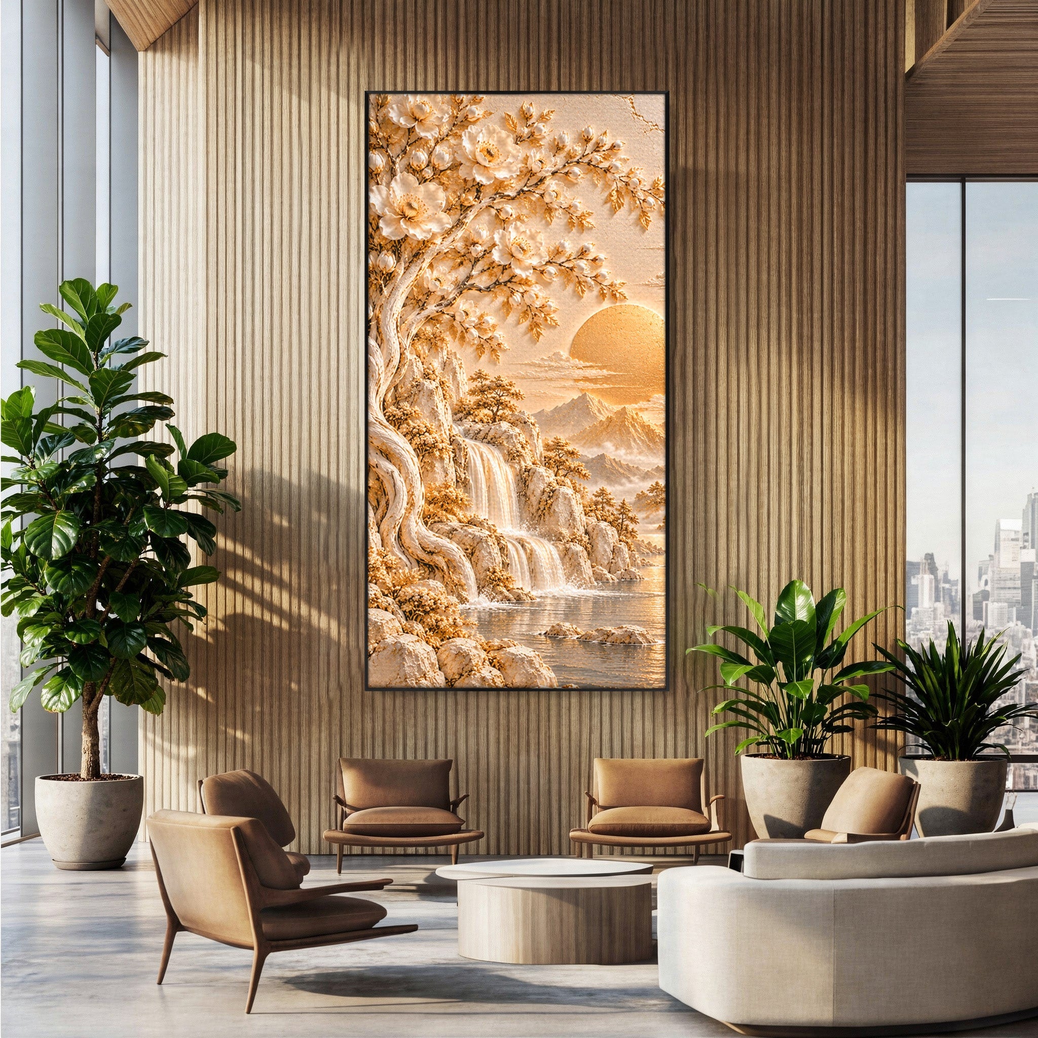 Tablou Canvas Premium LuxCanva® PI1429, Peisaj Montan cu Cascada, Priveliste, Visare, Copac, Natura, Apus, Culori Vibrante, Living, Dormitor