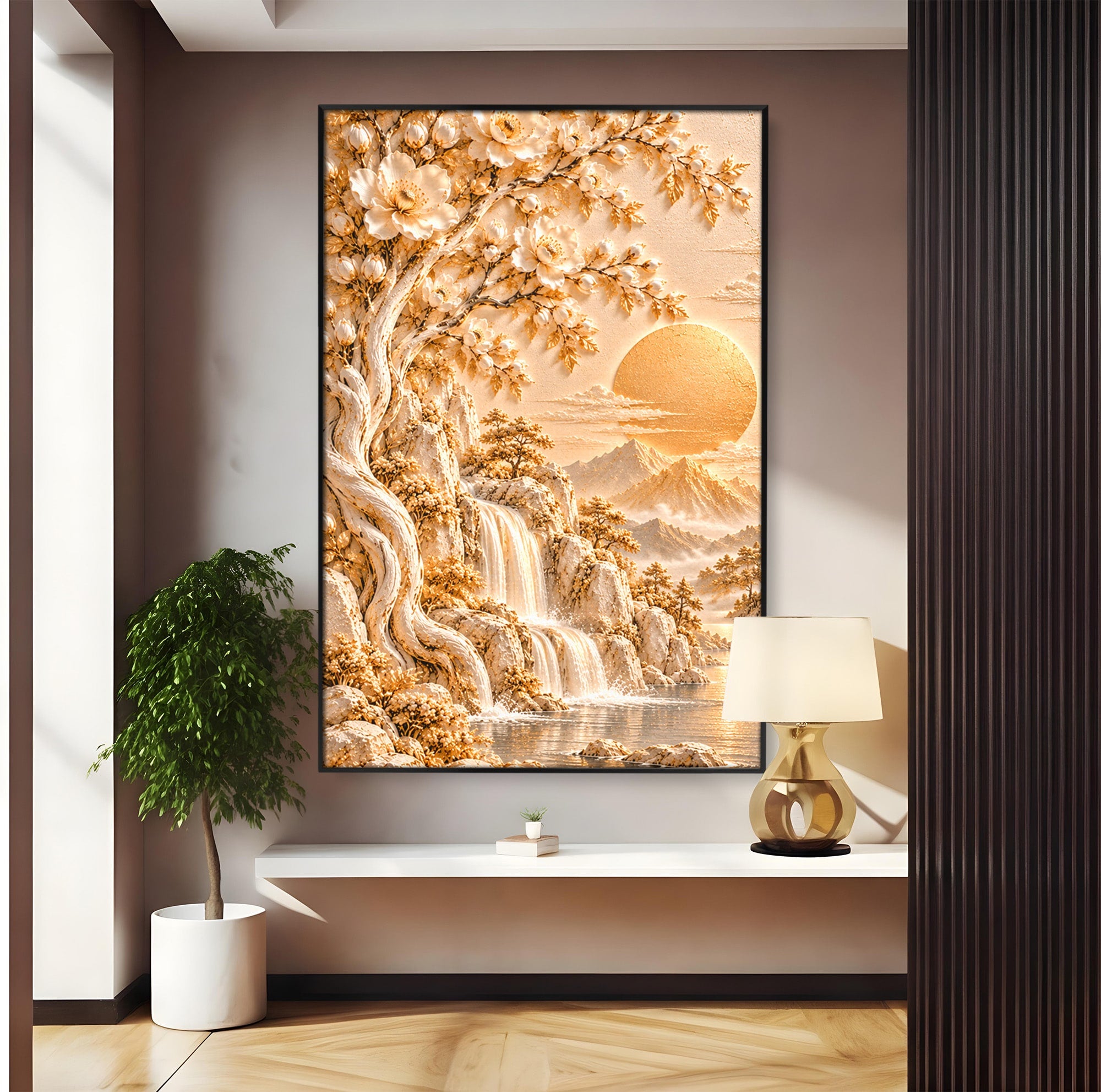 Tablou Canvas Premium LuxCanva® PI1429, Peisaj Montan cu Cascada, Priveliste, Visare, Copac, Natura, Apus, Culori Vibrante, Living, Dormitor