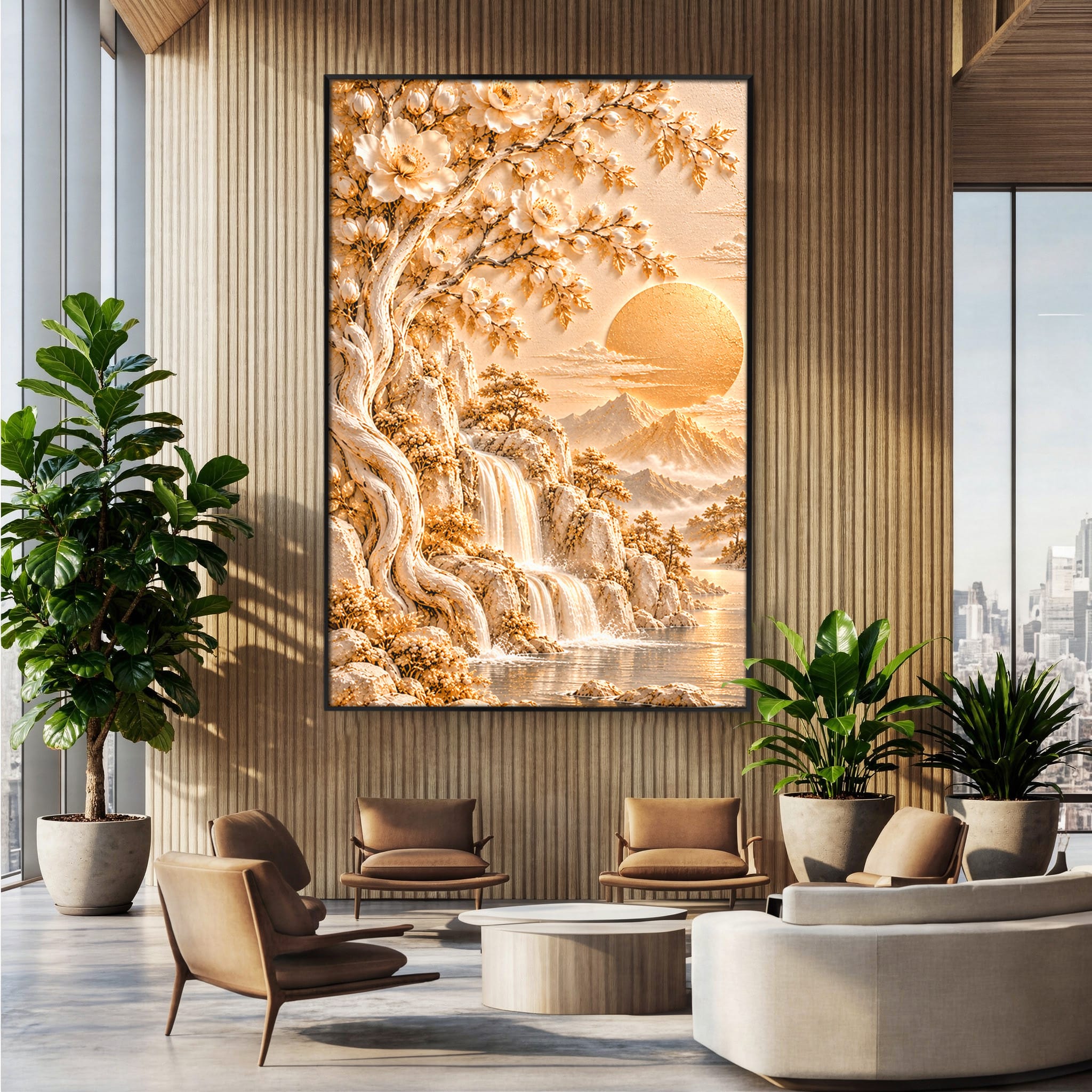 Tablou Canvas Premium LuxCanva® PI1429, Peisaj Montan cu Cascada, Priveliste, Visare, Copac, Natura, Apus, Culori Vibrante, Living, Dormitor