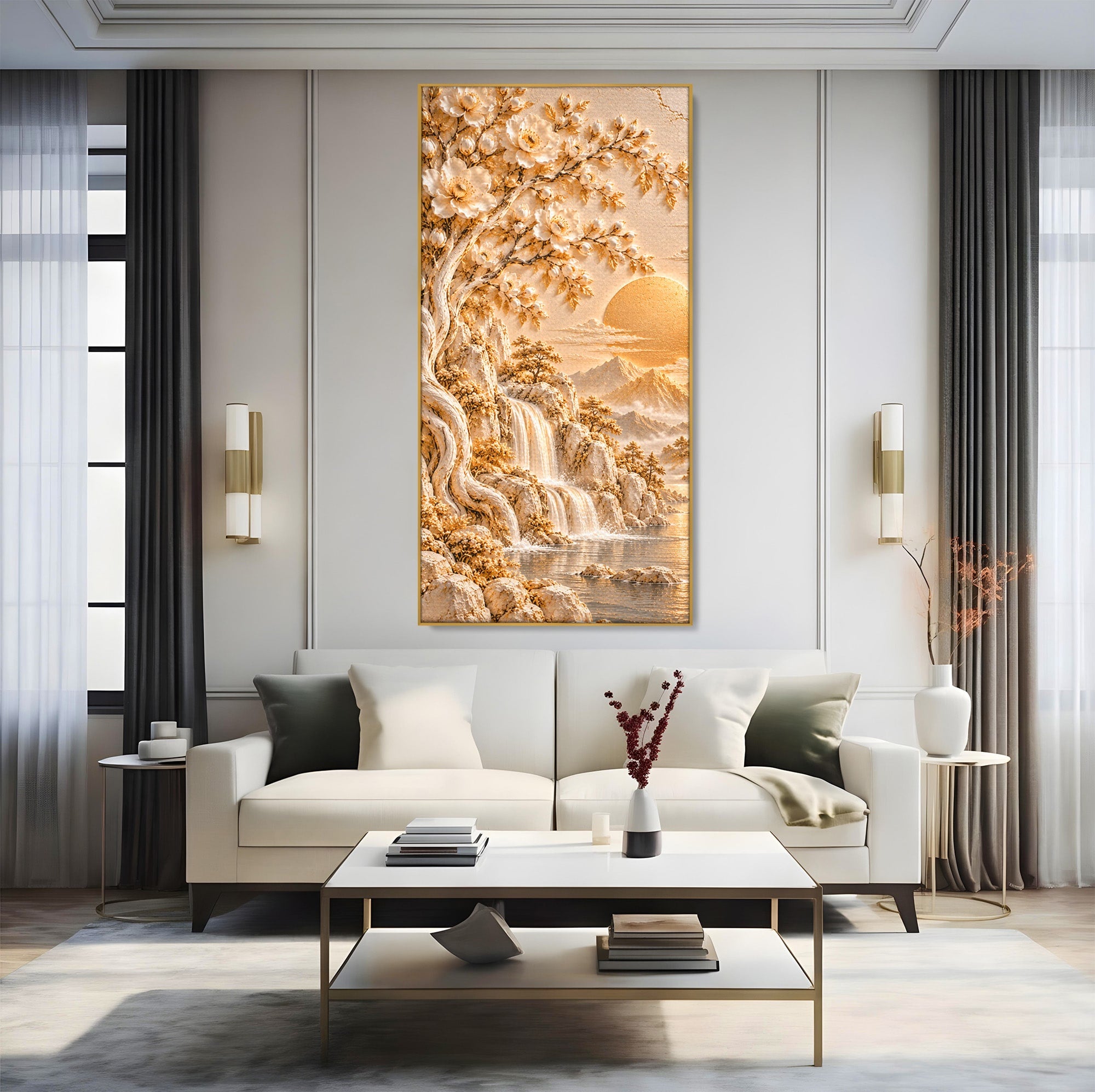 Tablou Canvas Premium LuxCanva® PI1429, Peisaj Montan cu Cascada, Priveliste, Visare, Copac, Natura, Apus, Culori Vibrante, Living, Dormitor