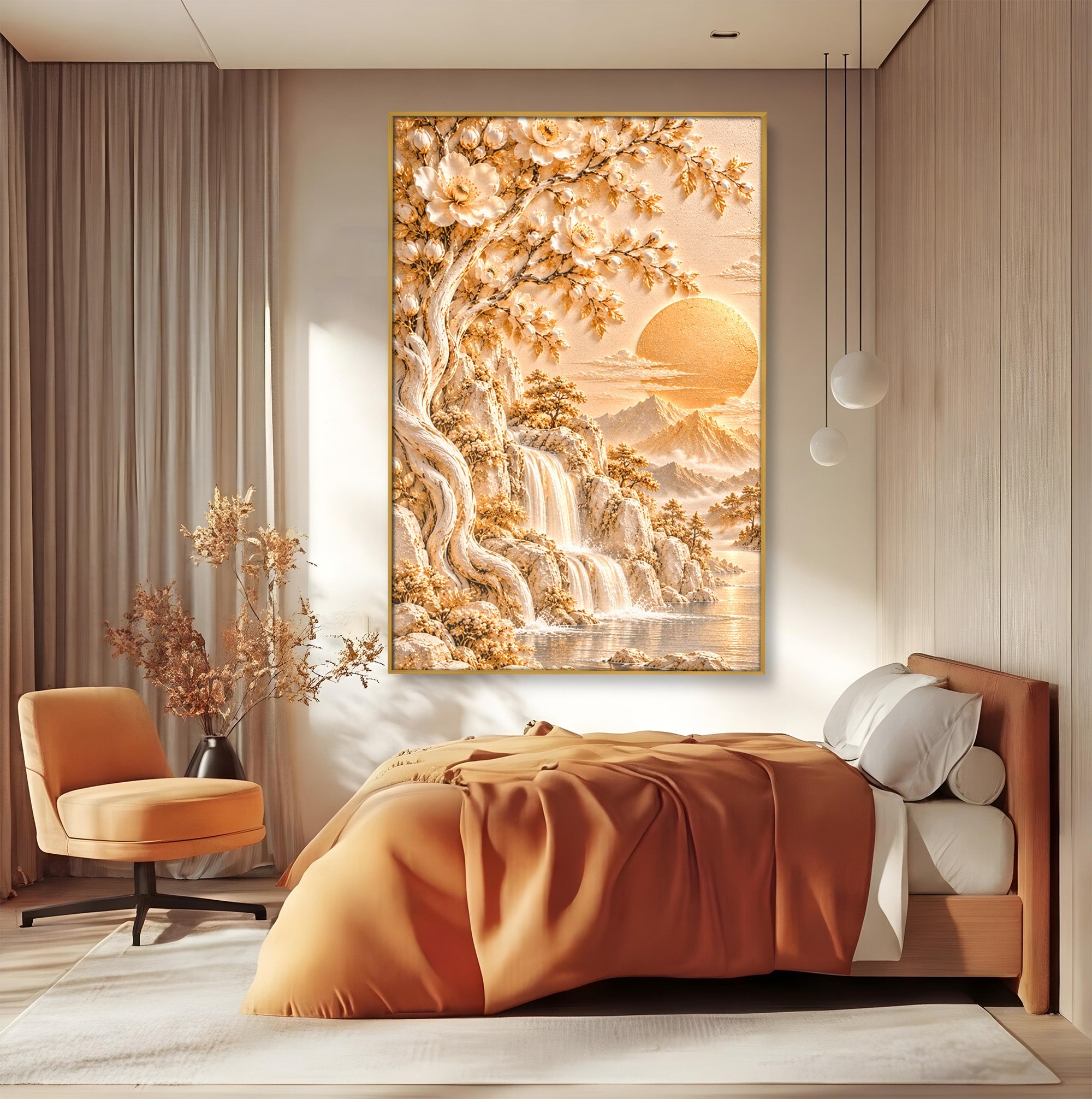 Tablou Canvas Premium LuxCanva® PI1429, Peisaj Montan cu Cascada, Priveliste, Visare, Copac, Natura, Apus, Culori Vibrante, Living, Dormitor