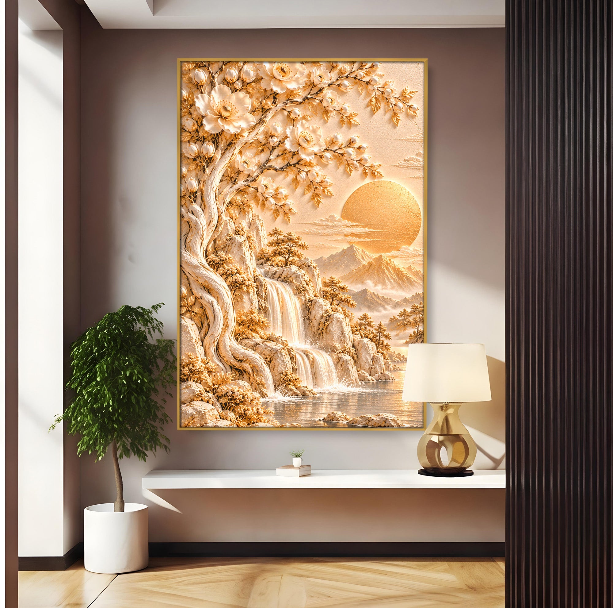 Tablou Canvas Premium LuxCanva® PI1429, Peisaj Montan cu Cascada, Priveliste, Visare, Copac, Natura, Apus, Culori Vibrante, Living, Dormitor