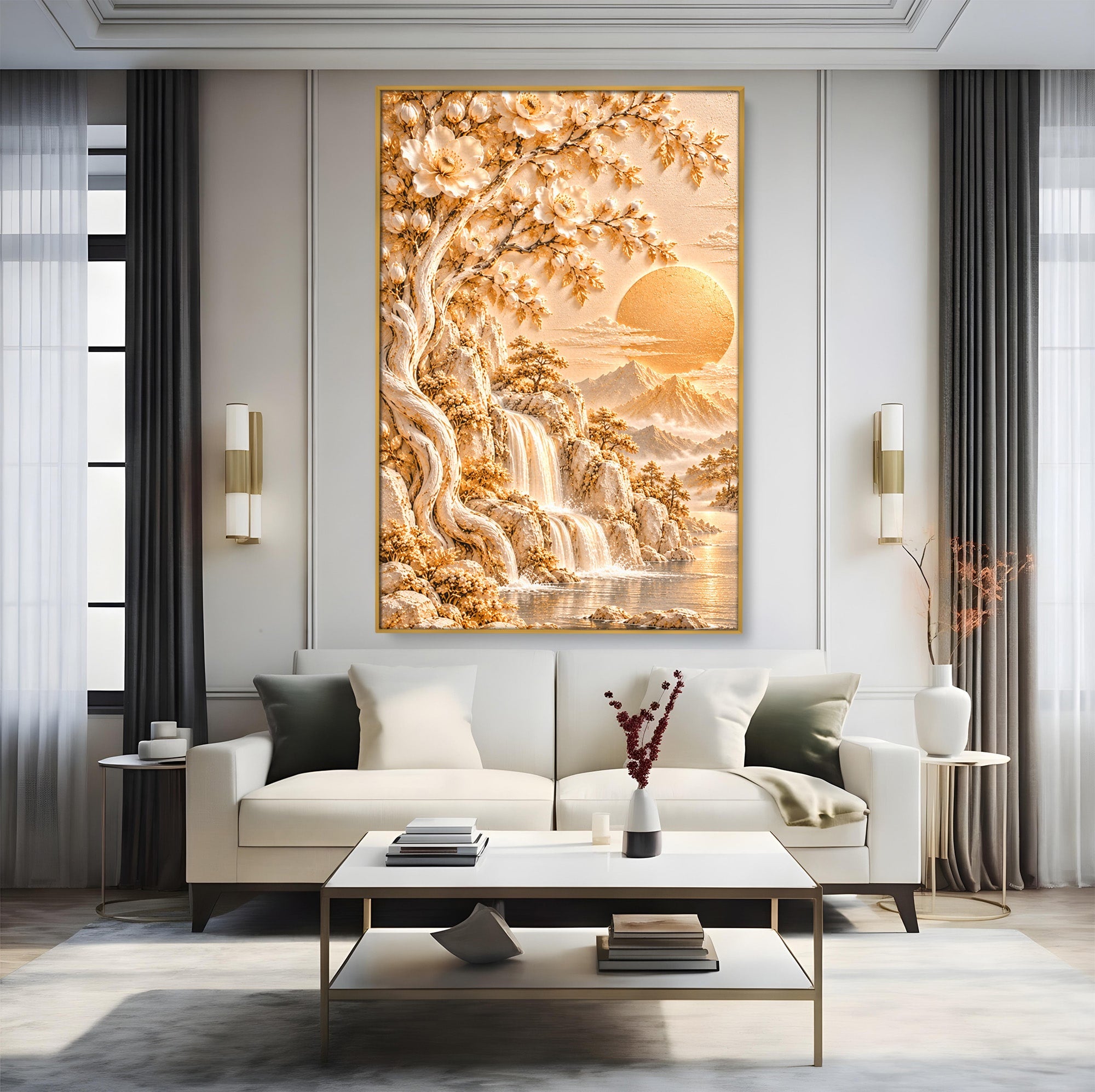 Tablou Canvas Premium LuxCanva® PI1429, Peisaj Montan cu Cascada, Priveliste, Visare, Copac, Natura, Apus, Culori Vibrante, Living, Dormitor