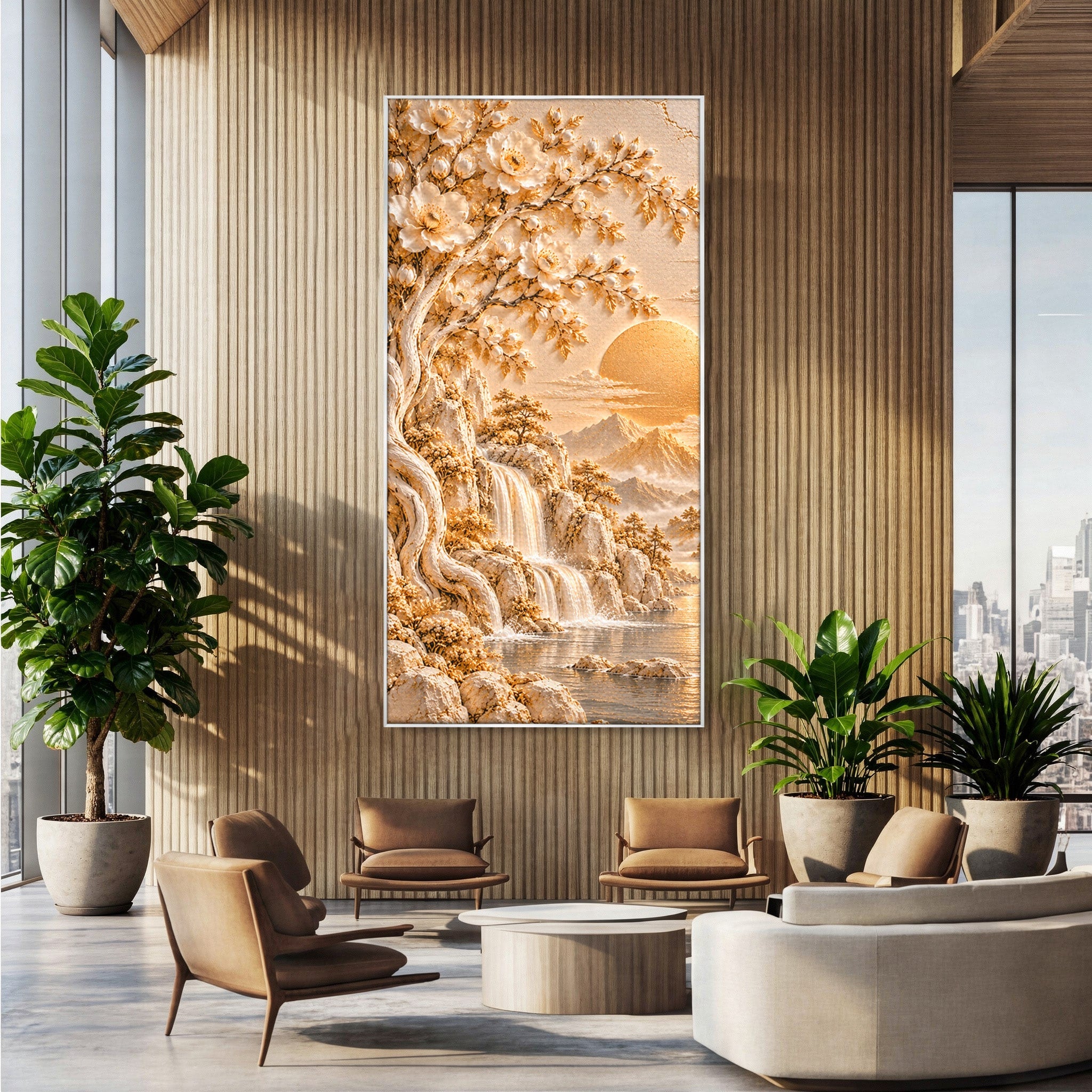 Tablou Canvas Premium LuxCanva® PI1429, Peisaj Montan cu Cascada, Priveliste, Visare, Copac, Natura, Apus, Culori Vibrante, Living, Dormitor