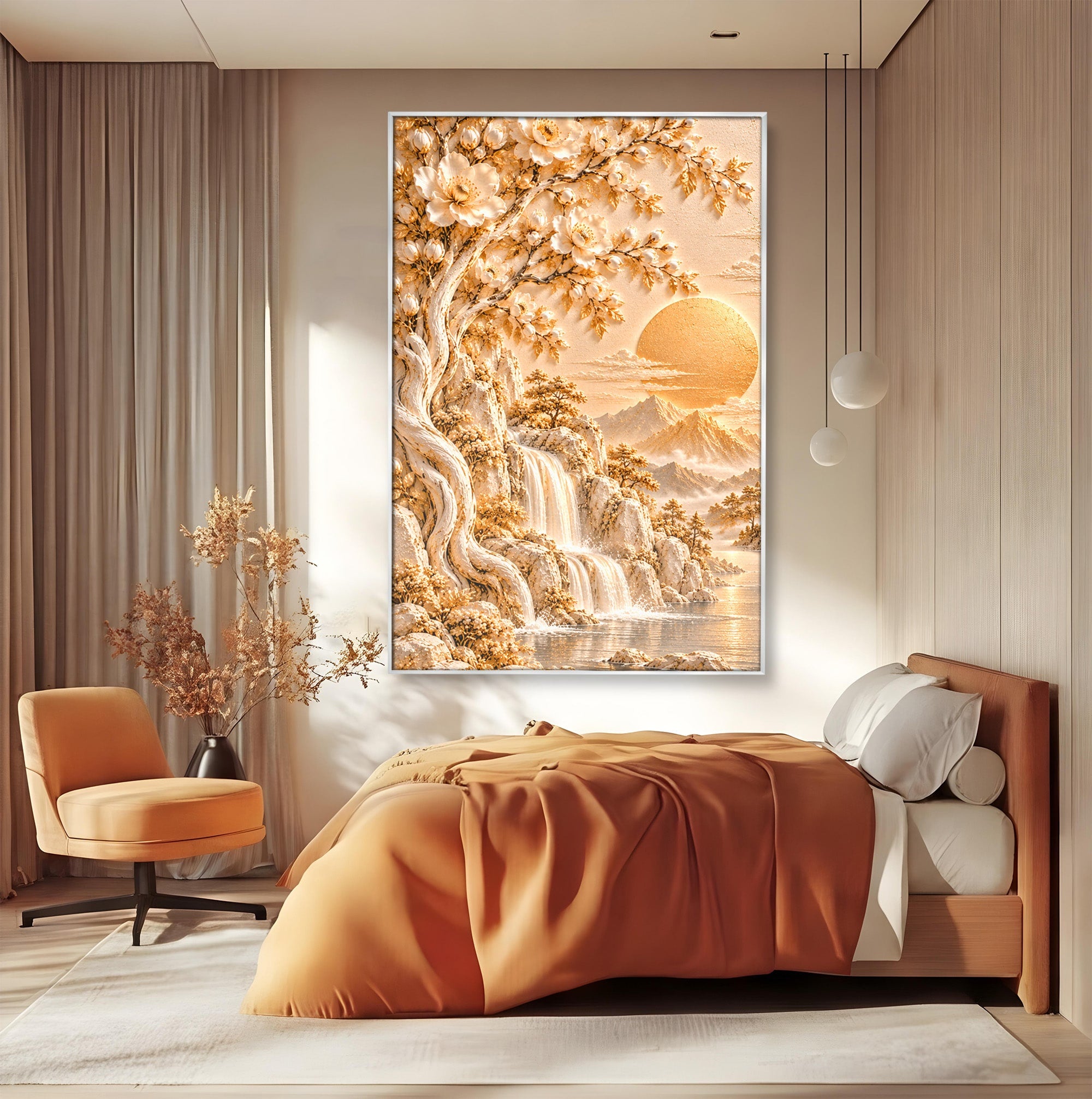 Tablou Canvas Premium LuxCanva® PI1429, Peisaj Montan cu Cascada, Priveliste, Visare, Copac, Natura, Apus, Culori Vibrante, Living, Dormitor