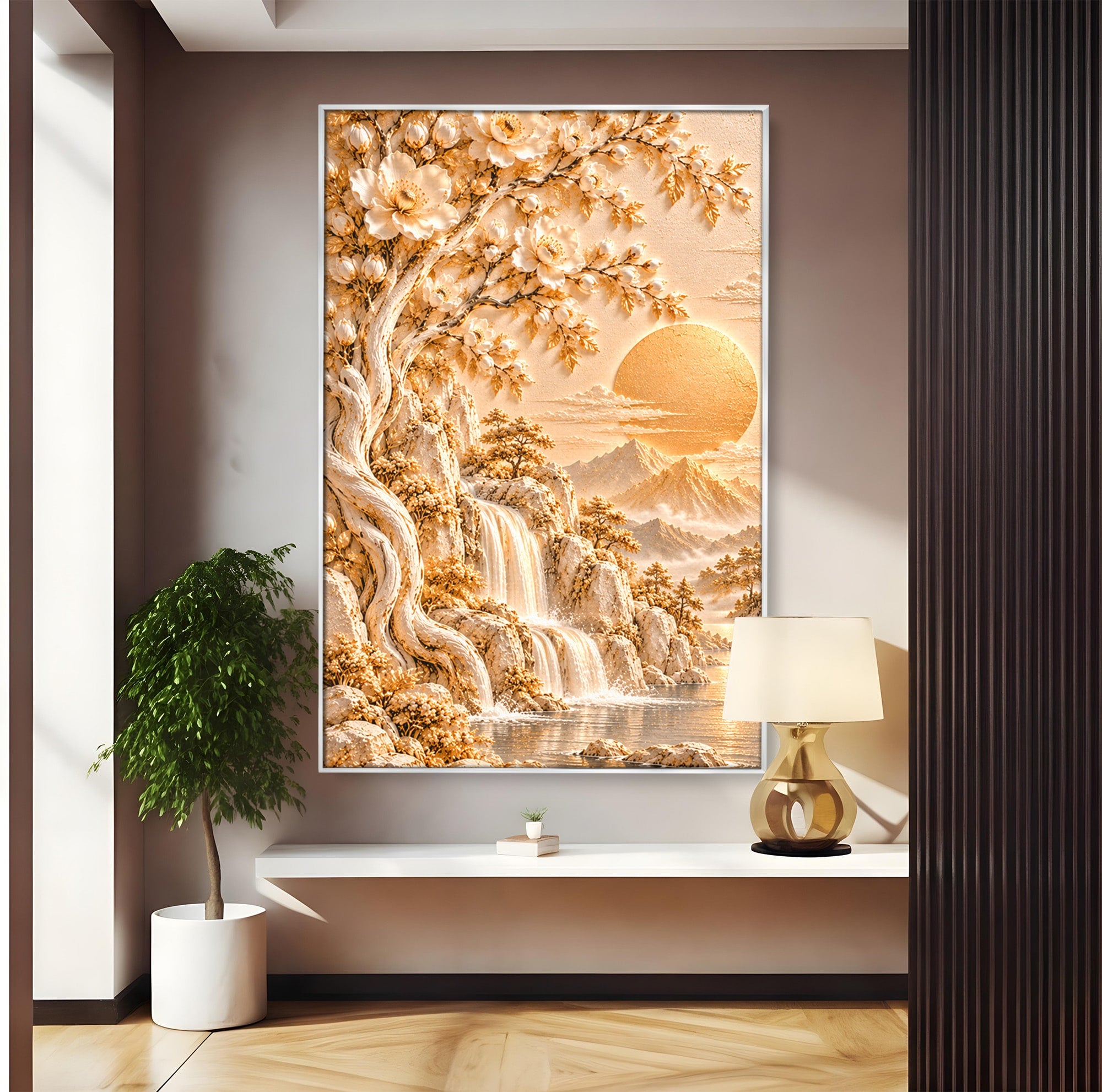 Tablou Canvas Premium LuxCanva® PI1429, Peisaj Montan cu Cascada, Priveliste, Visare, Copac, Natura, Apus, Culori Vibrante, Living, Dormitor