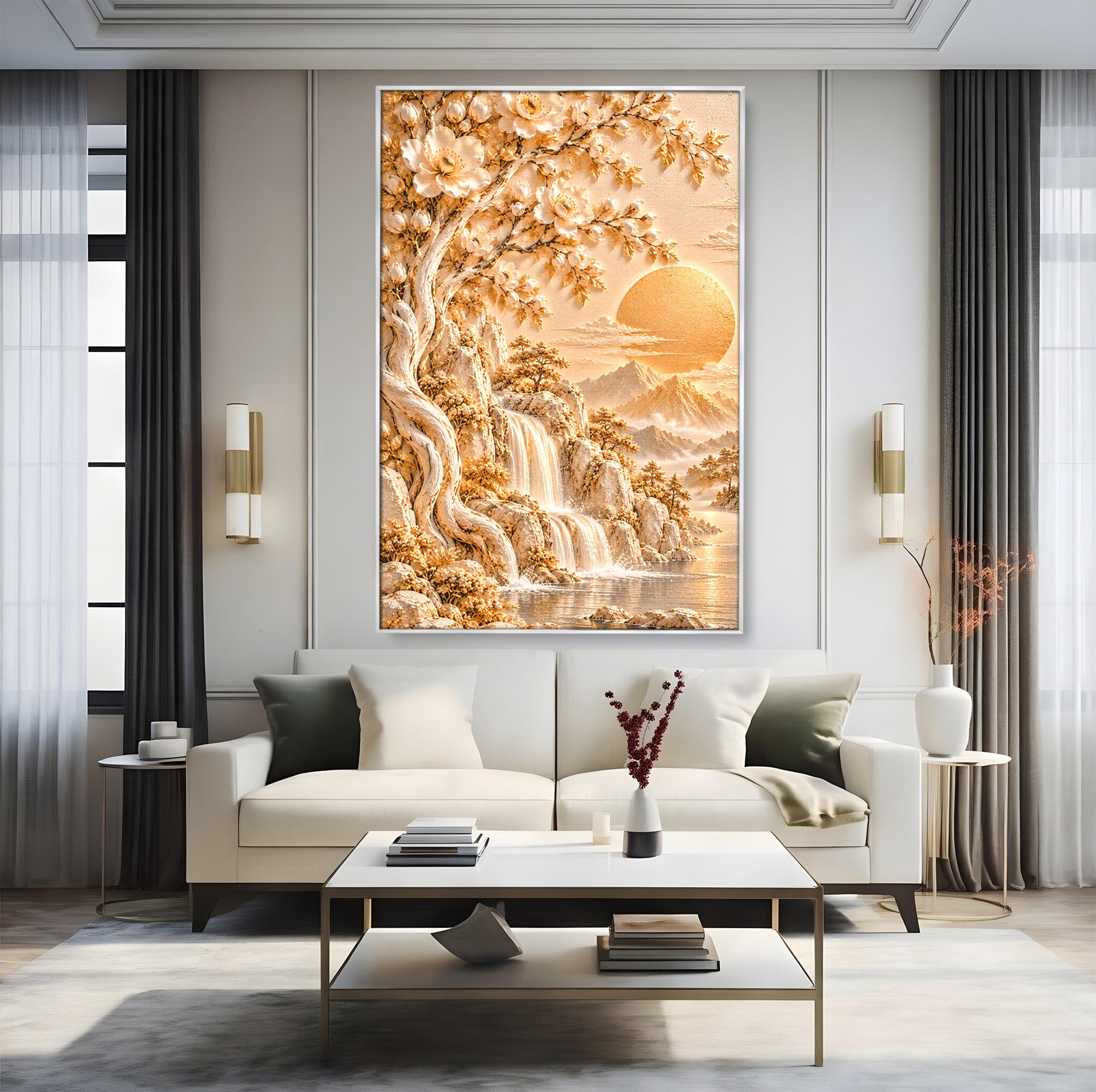 Tablou Canvas Premium LuxCanva® PI1429, Peisaj Montan cu Cascada, Priveliste, Visare, Copac, Natura, Apus, Culori Vibrante, Living, Dormitor
