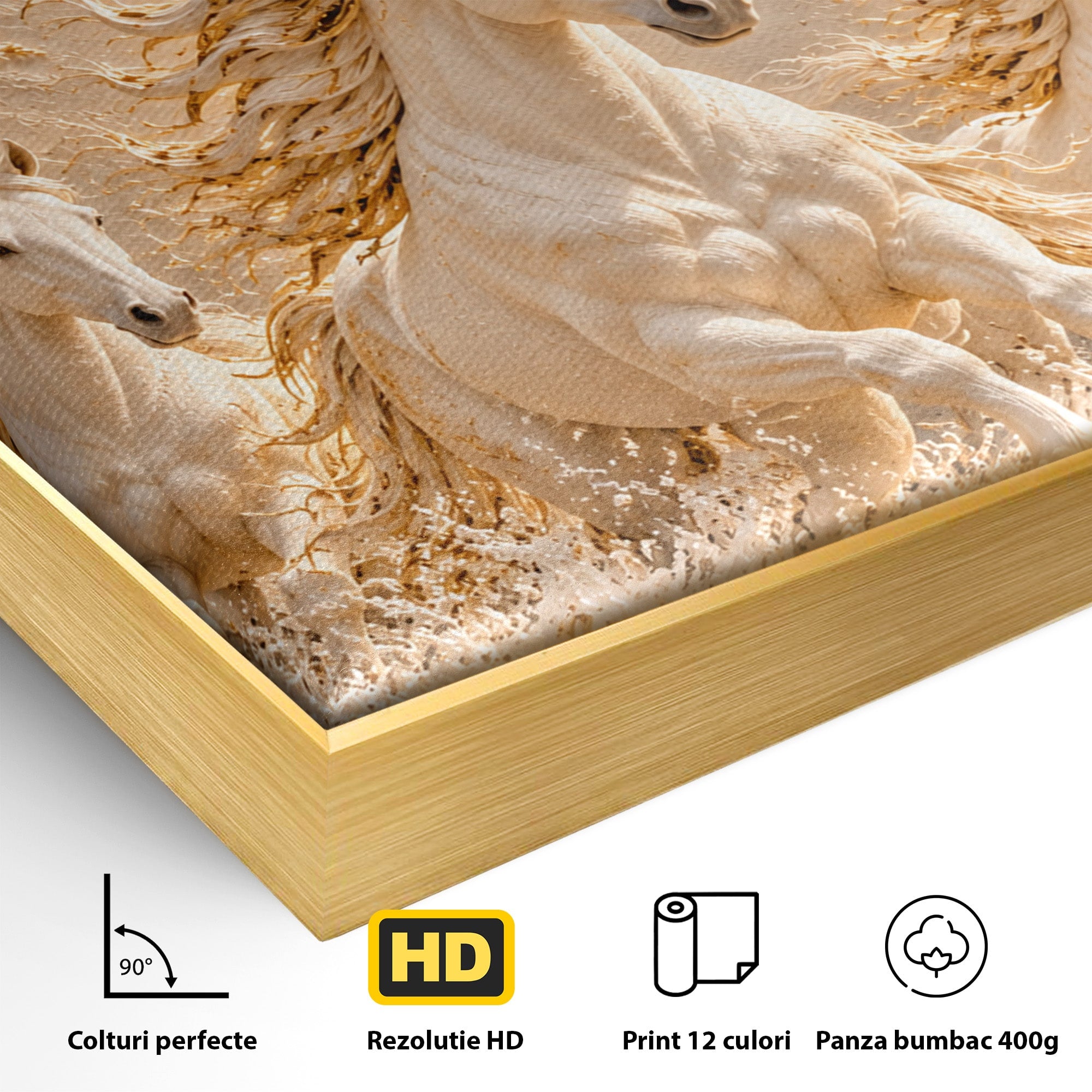Tablou Canvas Premium LuxCanva® PI1430, Cai Alergand Spre Soare, Armasari, Natura, Peisaj, Coama, Auriu, Culori Vibrante, Living, Dormitor