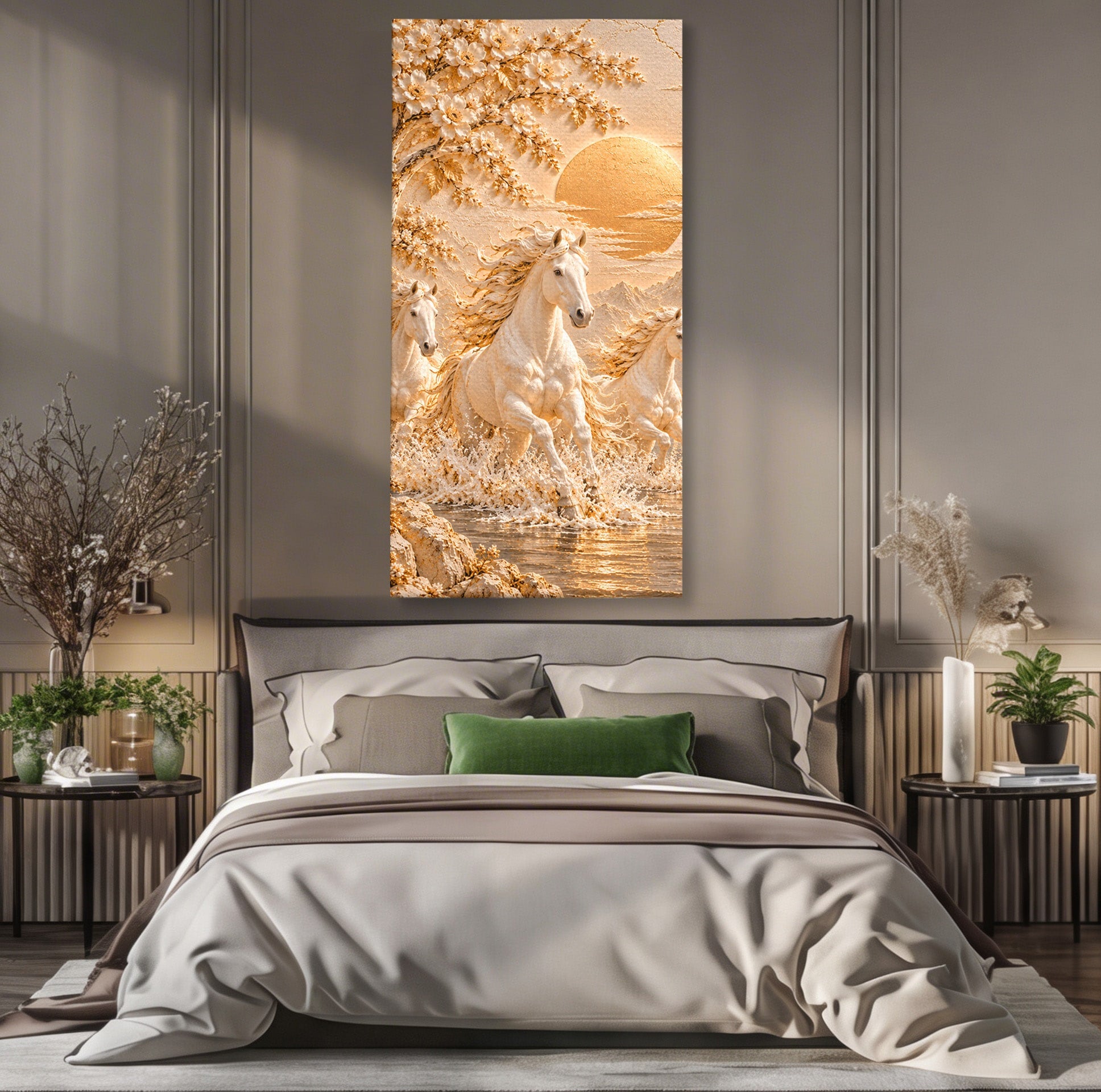 Tablou Canvas Premium LuxCanva® PI1430, Cai Alergand Spre Soare, Armasari, Natura, Peisaj, Coama, Auriu, Culori Vibrante, Living, Dormitor