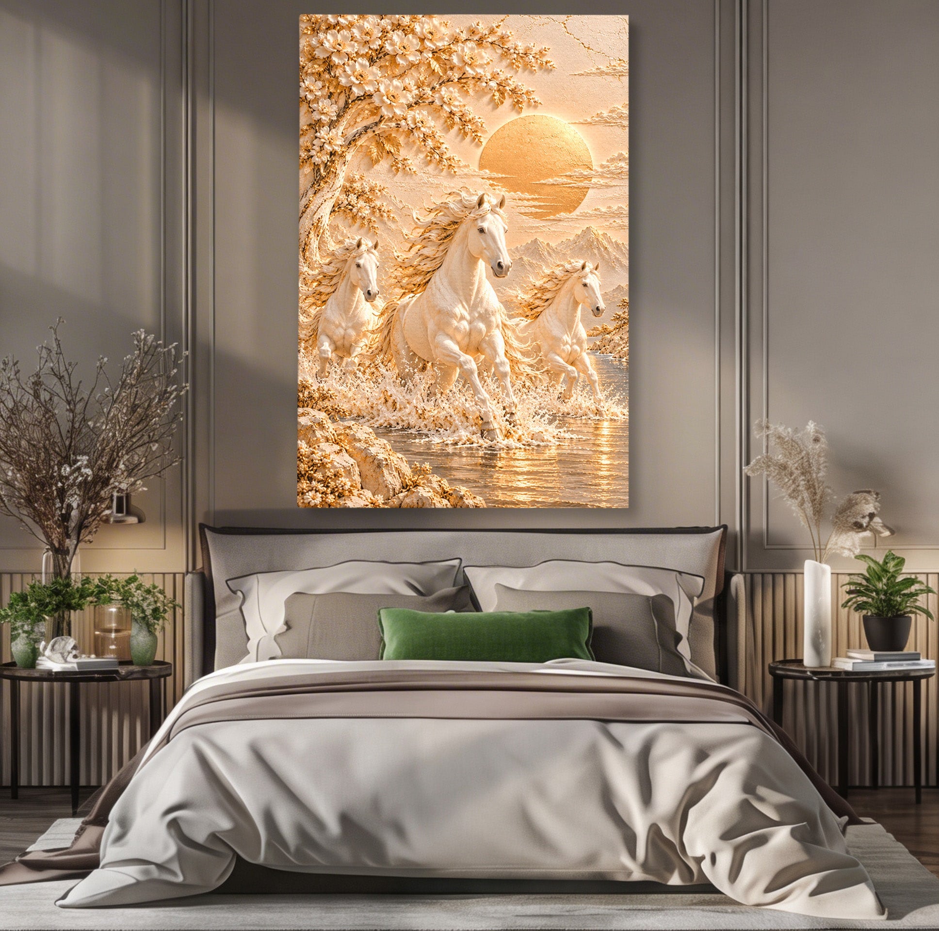 Tablou Canvas Premium LuxCanva® PI1430, Cai Alergand Spre Soare, Armasari, Natura, Peisaj, Coama, Auriu, Culori Vibrante, Living, Dormitor