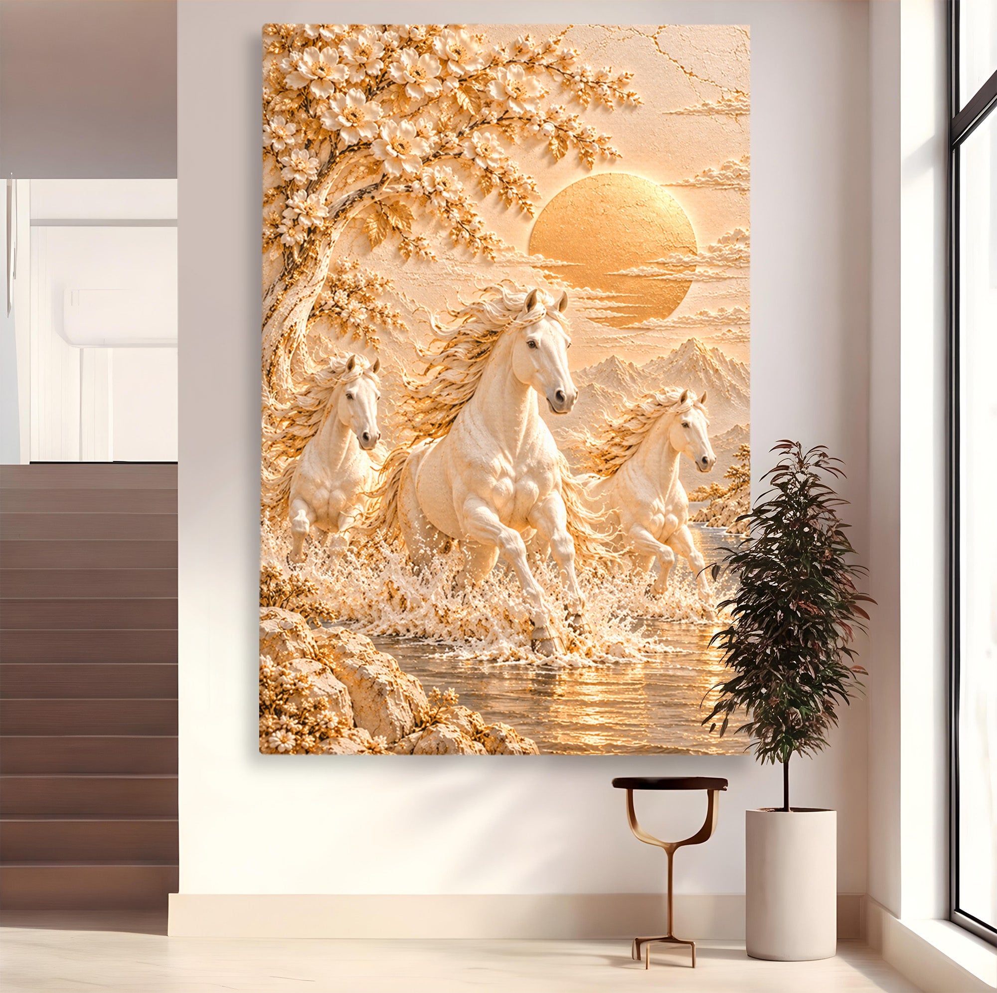 Tablou Canvas Premium LuxCanva® PI1430, Cai Alergand Spre Soare, Armasari, Natura, Peisaj, Coama, Auriu, Culori Vibrante, Living, Dormitor