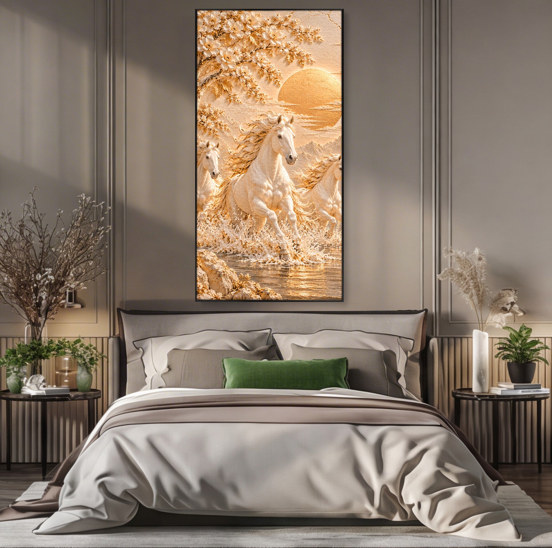 Tablou Canvas Premium LuxCanva® PI1430, Cai Alergand Spre Soare, Armasari, Natura, Peisaj, Coama, Auriu, Culori Vibrante, Living, Dormitor