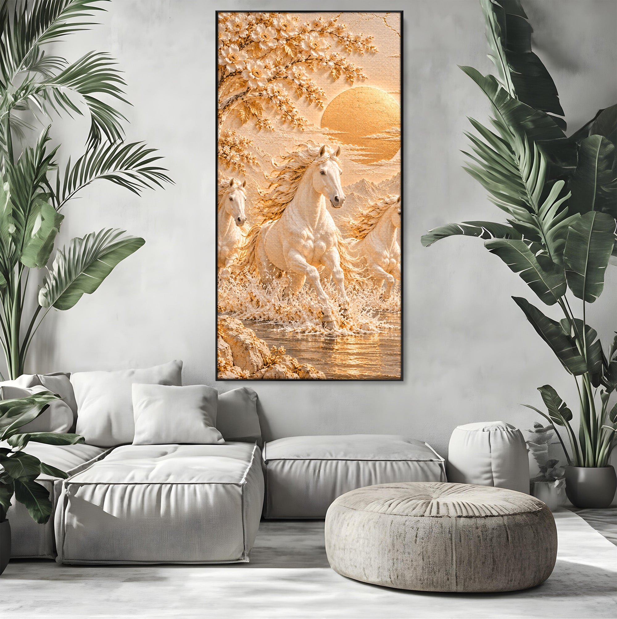 Tablou Canvas Premium LuxCanva® PI1430, Cai Alergand Spre Soare, Armasari, Natura, Peisaj, Coama, Auriu, Culori Vibrante, Living, Dormitor