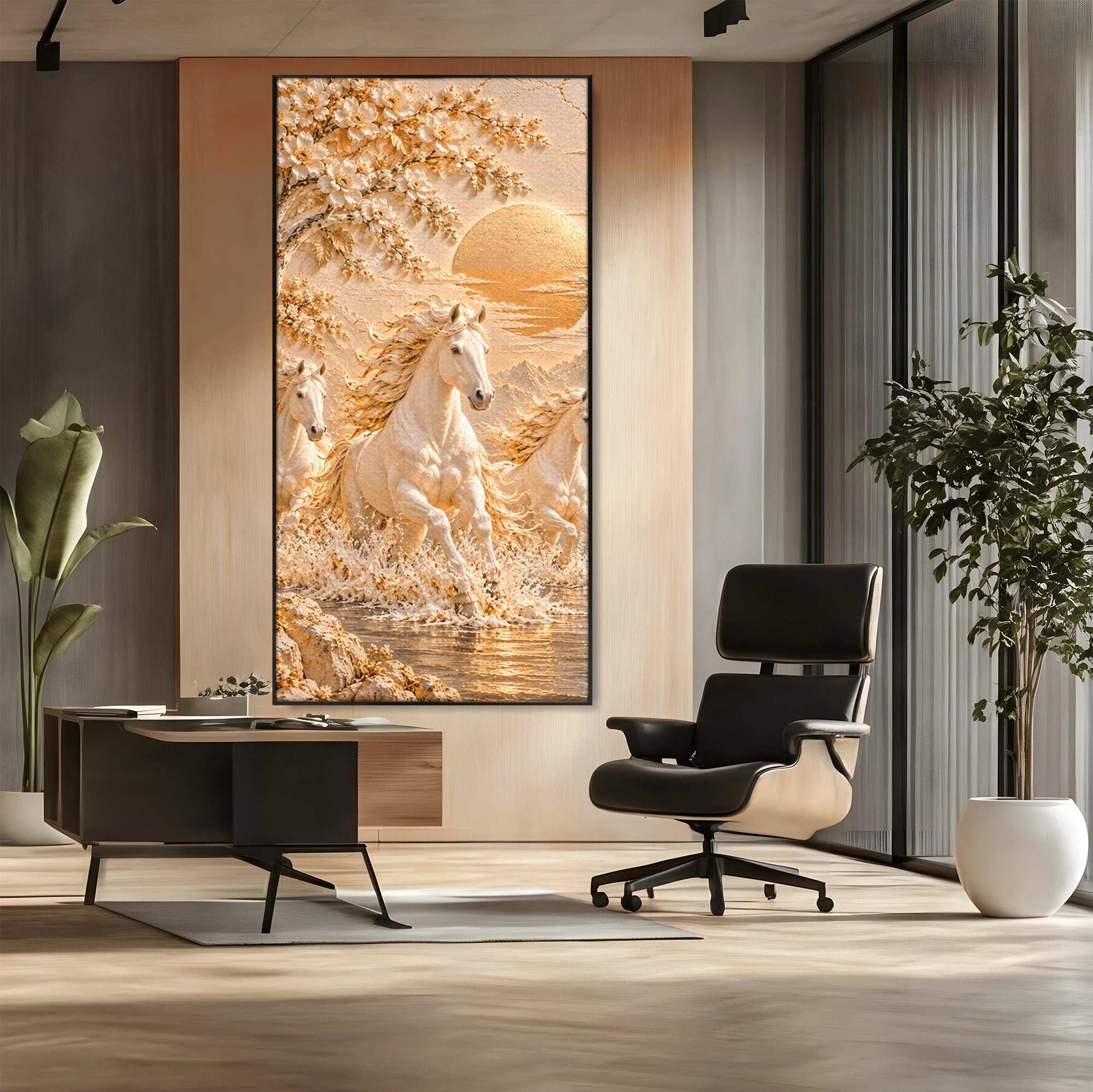 Tablou Canvas Premium LuxCanva® PI1430, Cai Alergand Spre Soare, Armasari, Natura, Peisaj, Coama, Auriu, Culori Vibrante, Living, Dormitor