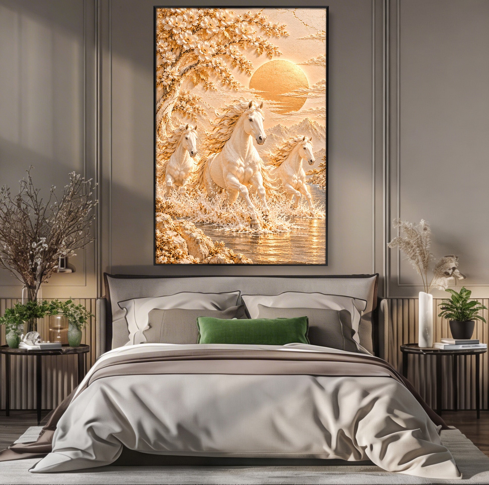 Tablou Canvas Premium LuxCanva® PI1430, Cai Alergand Spre Soare, Armasari, Natura, Peisaj, Coama, Auriu, Culori Vibrante, Living, Dormitor