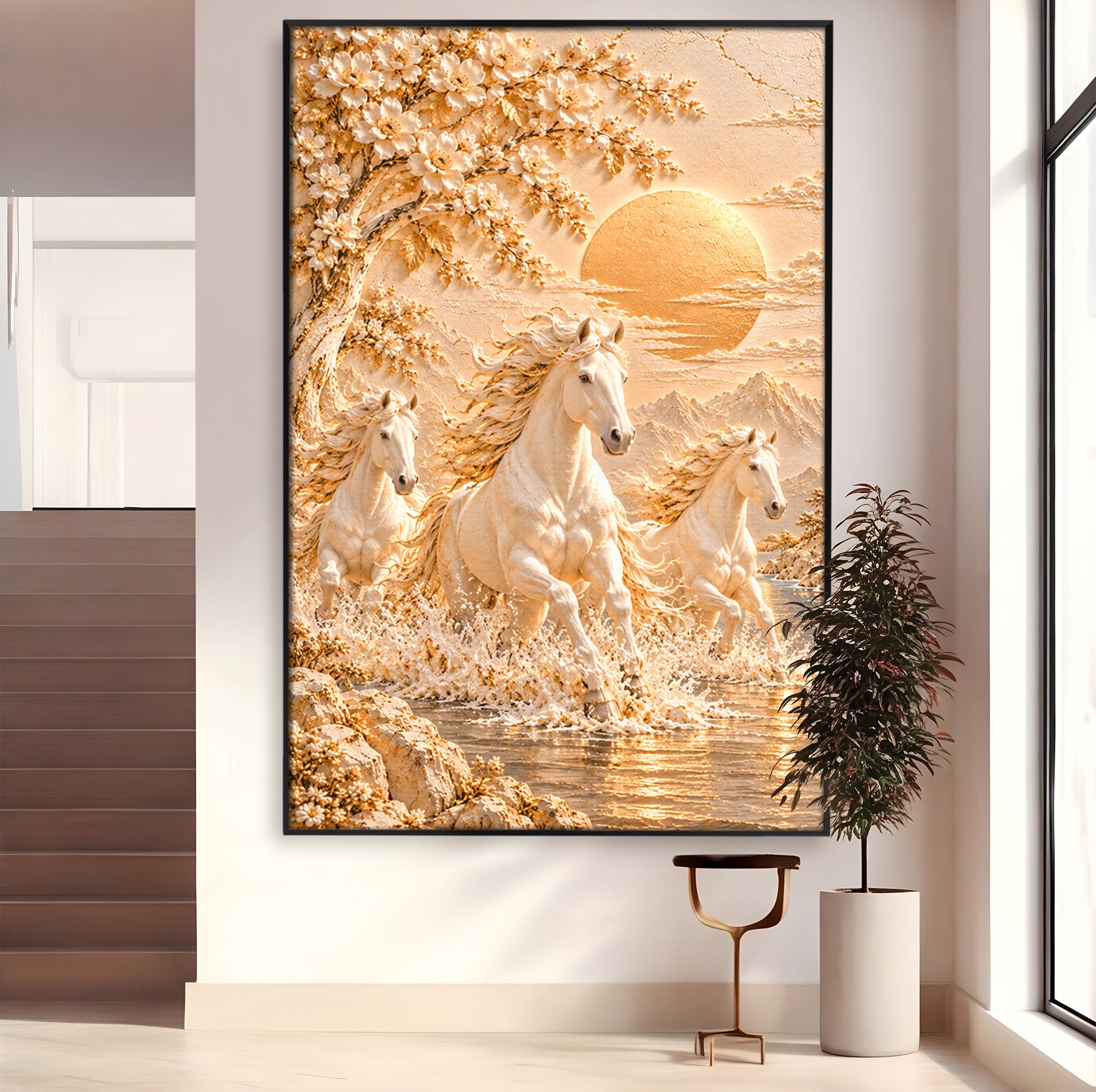 Tablou Canvas Premium LuxCanva® PI1430, Cai Alergand Spre Soare, Armasari, Natura, Peisaj, Coama, Auriu, Culori Vibrante, Living, Dormitor