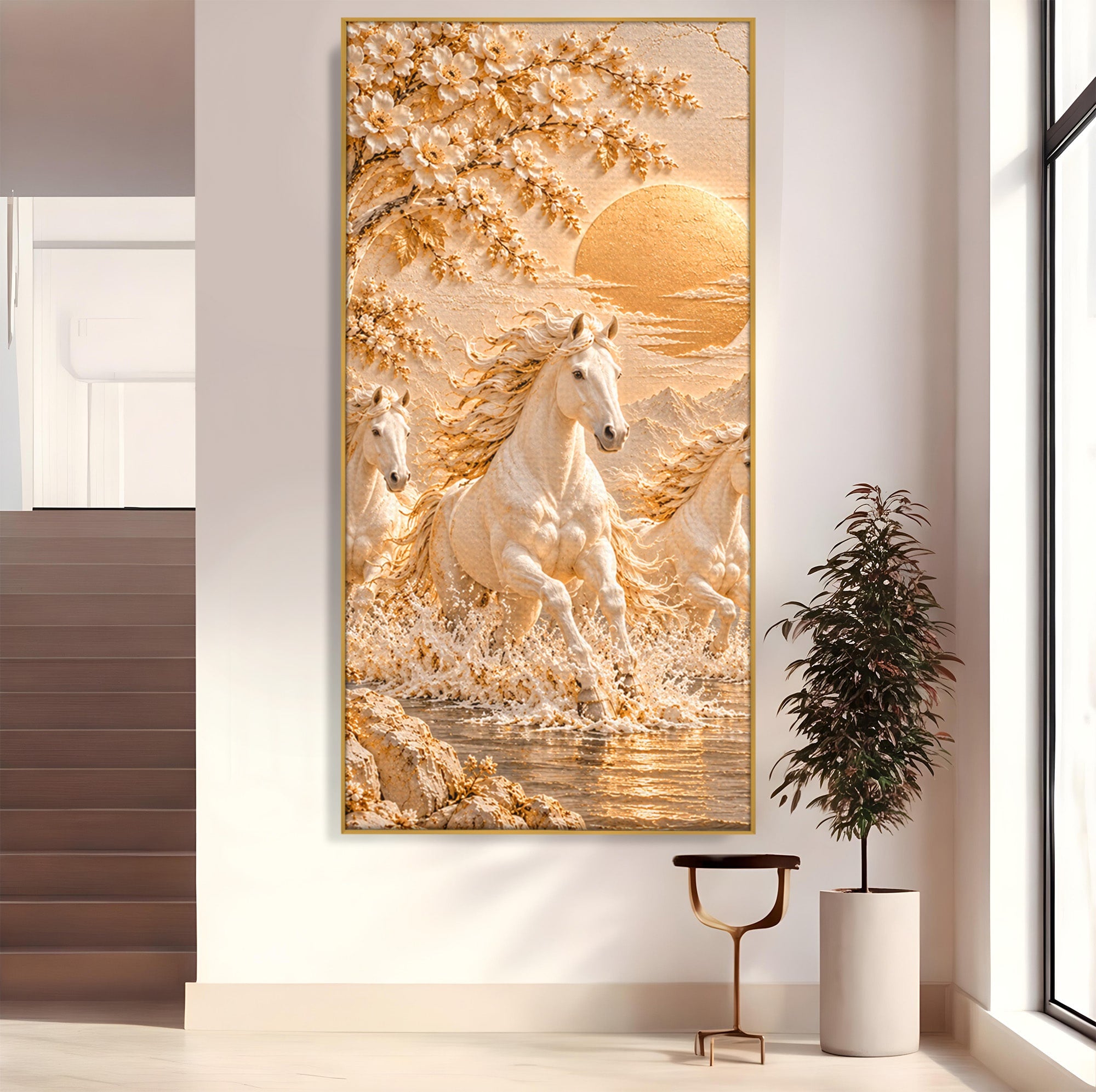 Tablou Canvas Premium LuxCanva® PI1430, Cai Alergand Spre Soare, Armasari, Natura, Peisaj, Coama, Auriu, Culori Vibrante, Living, Dormitor