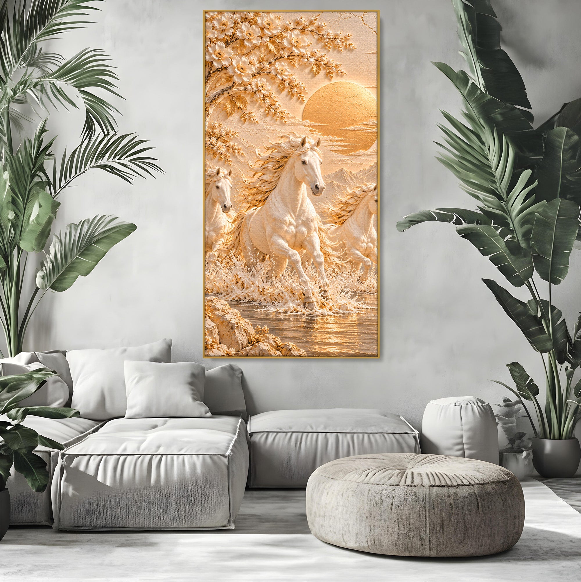 Tablou Canvas Premium LuxCanva® PI1430, Cai Alergand Spre Soare, Armasari, Natura, Peisaj, Coama, Auriu, Culori Vibrante, Living, Dormitor