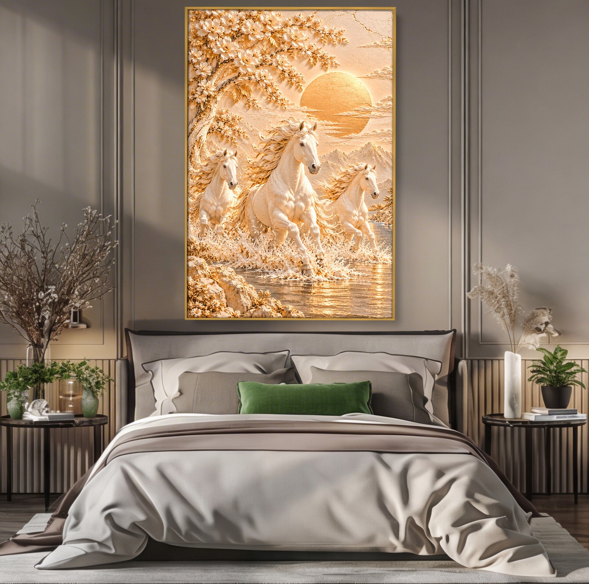 Tablou Canvas Premium LuxCanva® PI1430, Cai Alergand Spre Soare, Armasari, Natura, Peisaj, Coama, Auriu, Culori Vibrante, Living, Dormitor