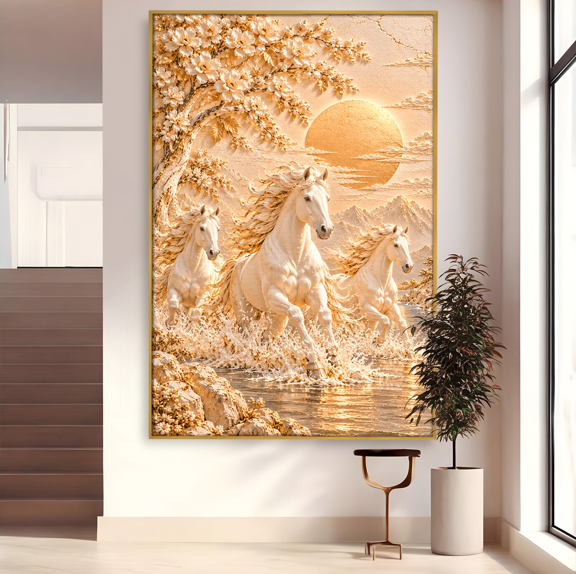 Tablou Canvas Premium LuxCanva® PI1430, Cai Alergand Spre Soare, Armasari, Natura, Peisaj, Coama, Auriu, Culori Vibrante, Living, Dormitor