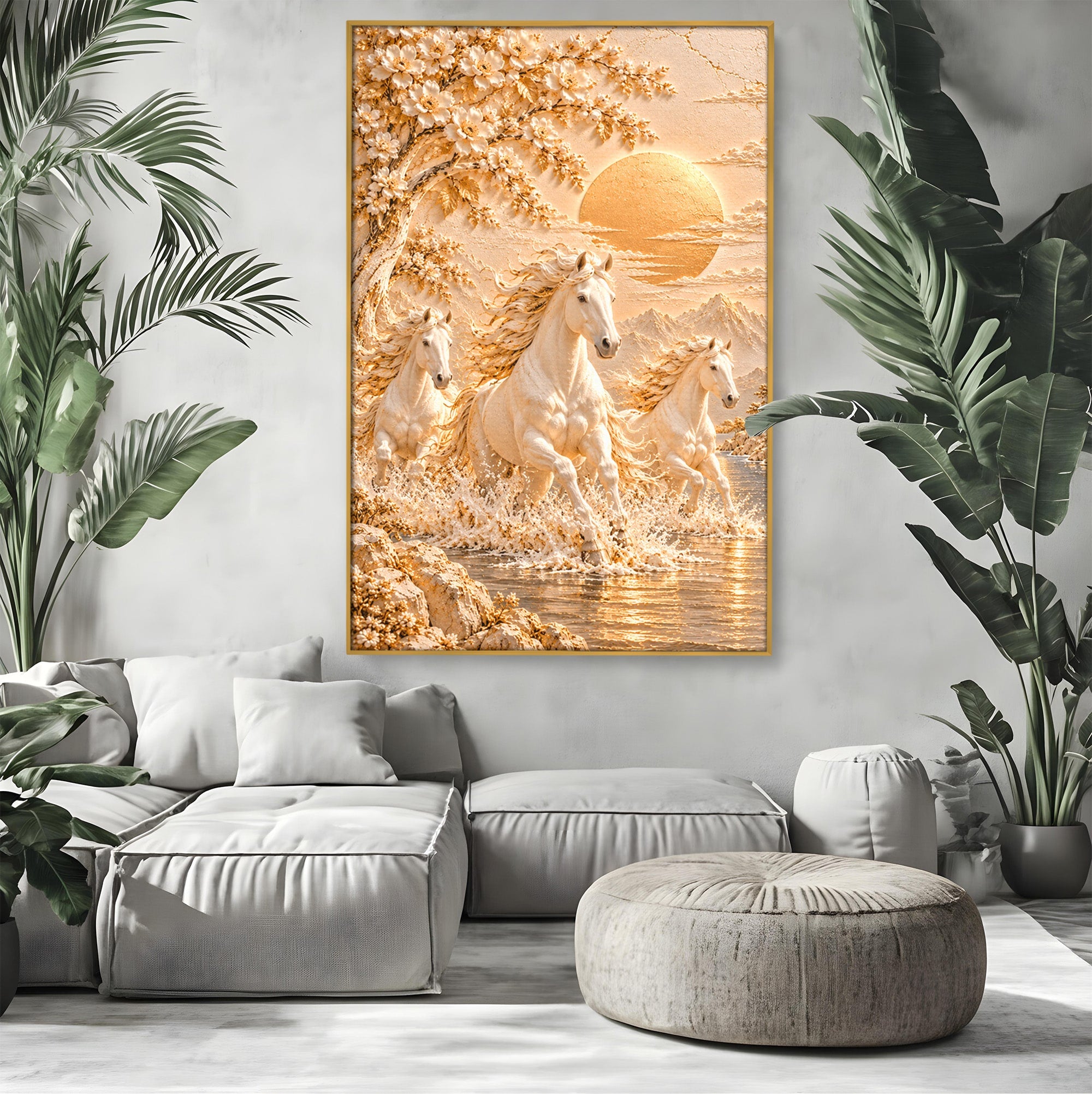 Tablou Canvas Premium LuxCanva® PI1430, Cai Alergand Spre Soare, Armasari, Natura, Peisaj, Coama, Auriu, Culori Vibrante, Living, Dormitor