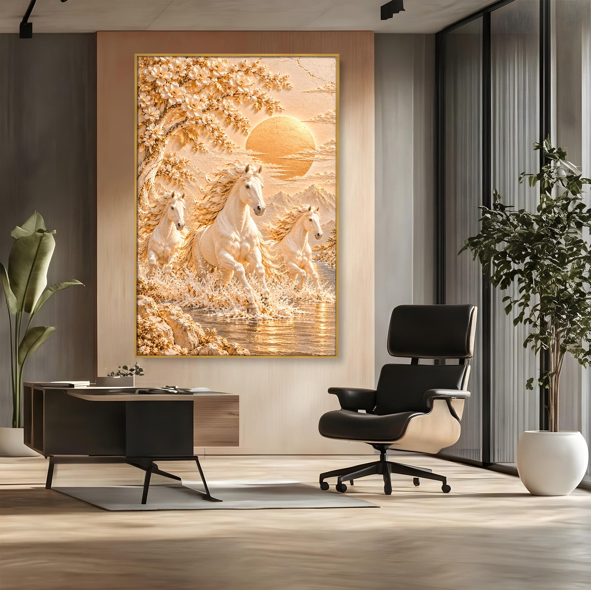 Tablou Canvas Premium LuxCanva® PI1430, Cai Alergand Spre Soare, Armasari, Natura, Peisaj, Coama, Auriu, Culori Vibrante, Living, Dormitor