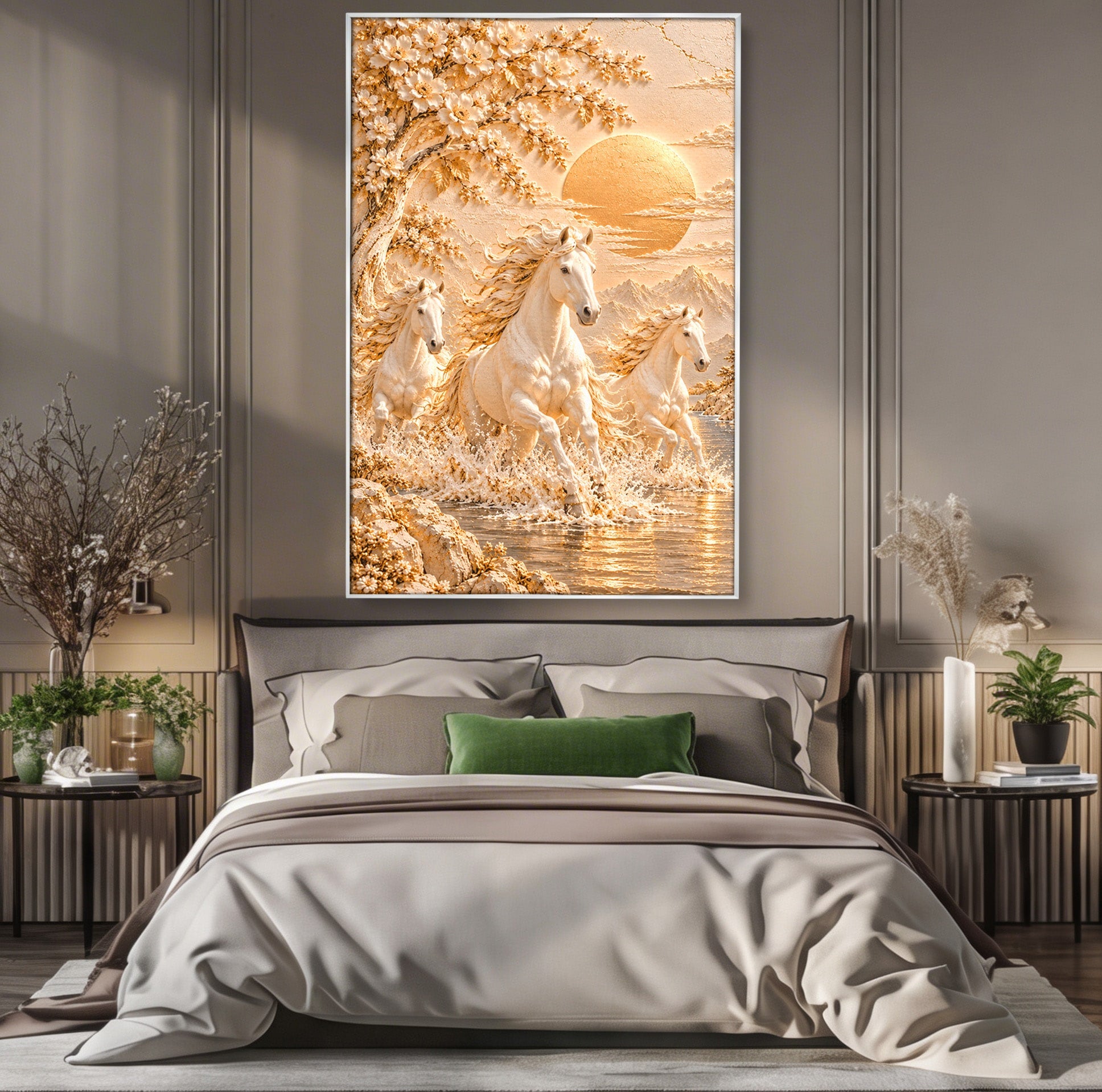 Tablou Canvas Premium LuxCanva® PI1430, Cai Alergand Spre Soare, Armasari, Natura, Peisaj, Coama, Auriu, Culori Vibrante, Living, Dormitor