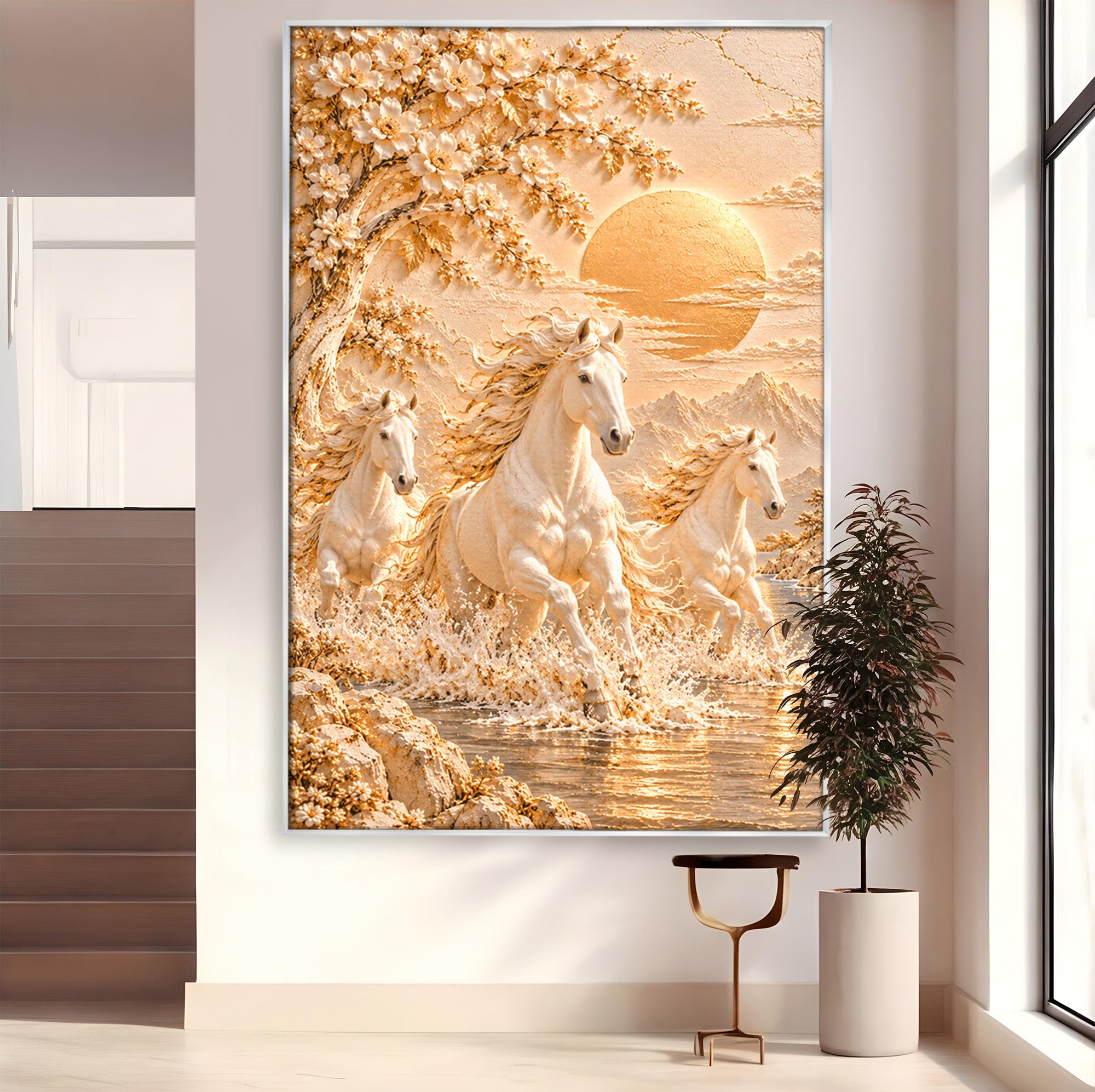 Tablou Canvas Premium LuxCanva® PI1430, Cai Alergand Spre Soare, Armasari, Natura, Peisaj, Coama, Auriu, Culori Vibrante, Living, Dormitor