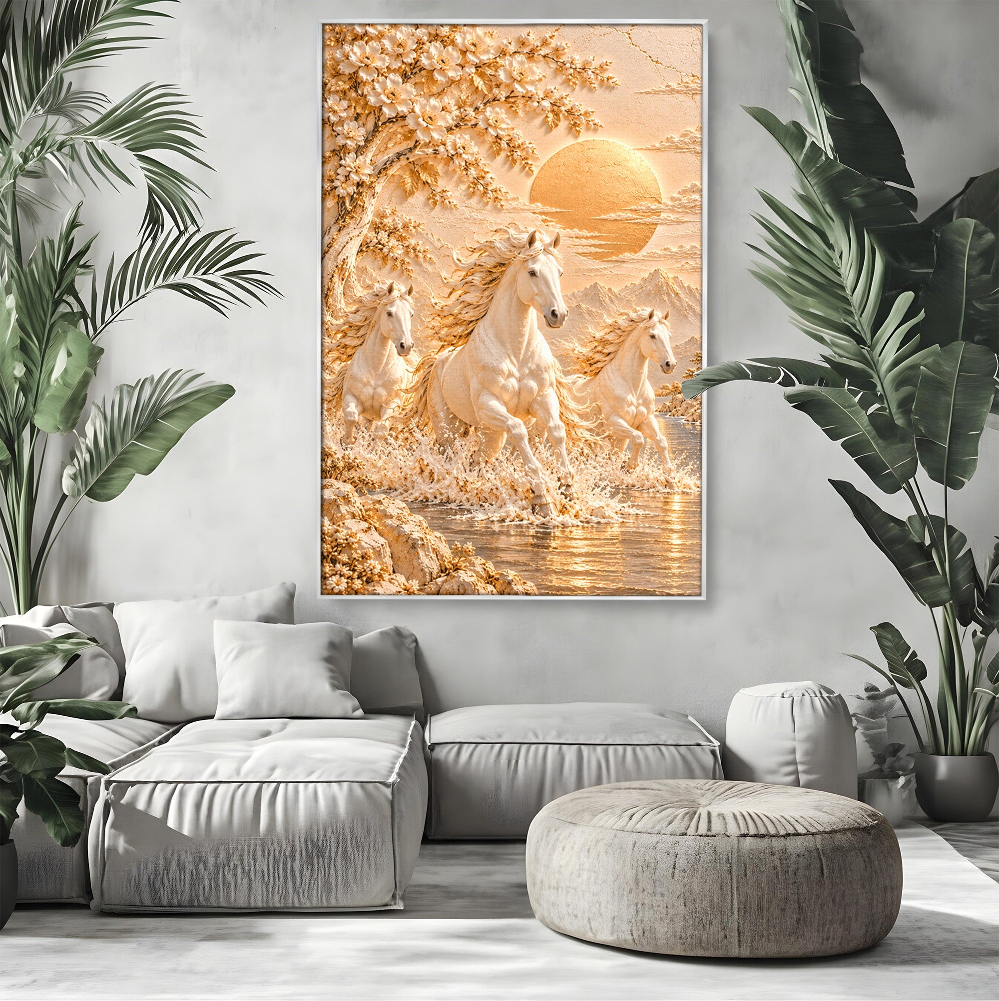 Tablou Canvas Premium LuxCanva® PI1430, Cai Alergand Spre Soare, Armasari, Natura, Peisaj, Coama, Auriu, Culori Vibrante, Living, Dormitor