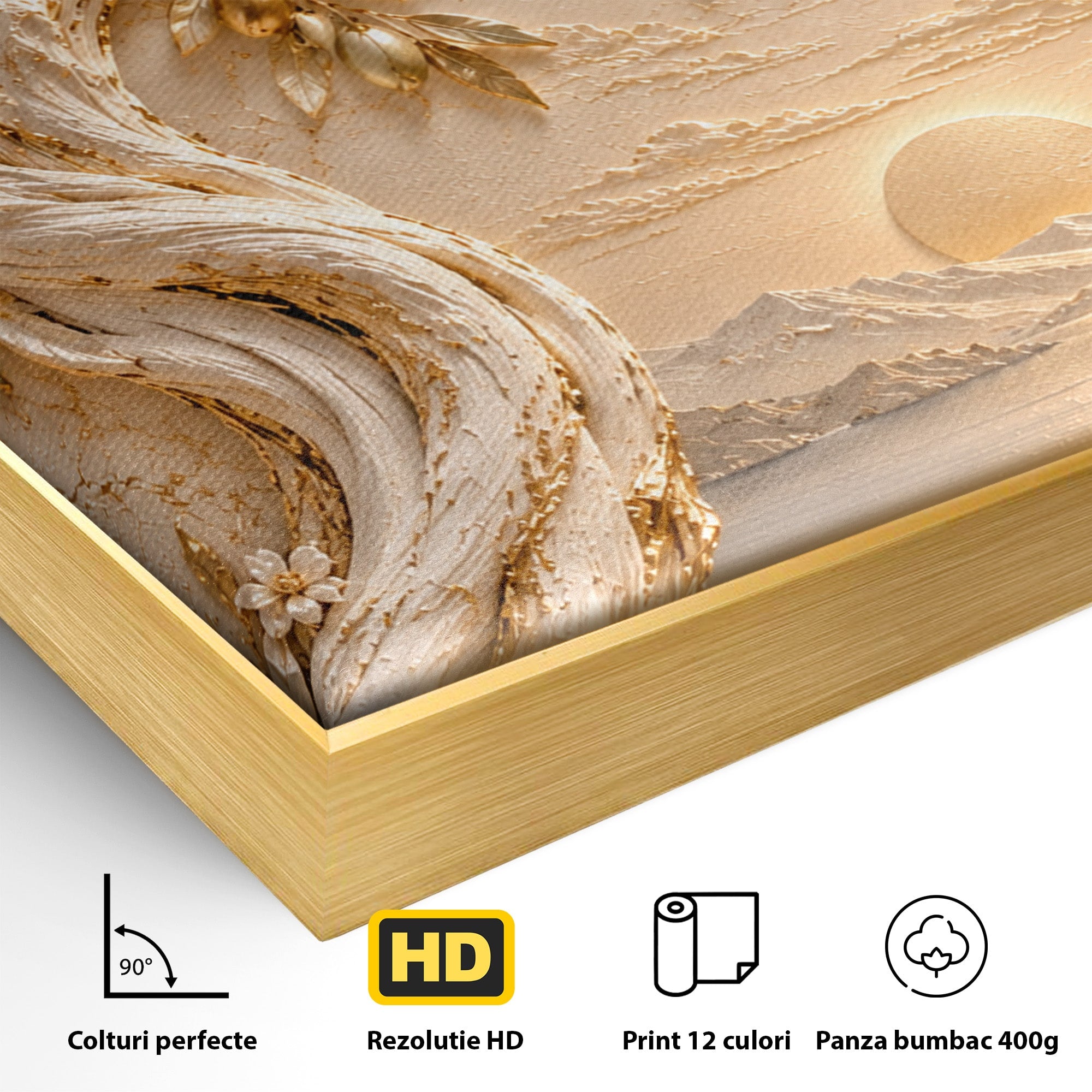 Tablou Canvas Premium LuxCanva® PI1431, Apus Auriu Pe Tarm, Peisaj, Apus, Natura, Copac, Culori Vibrante, Living, Dormitor