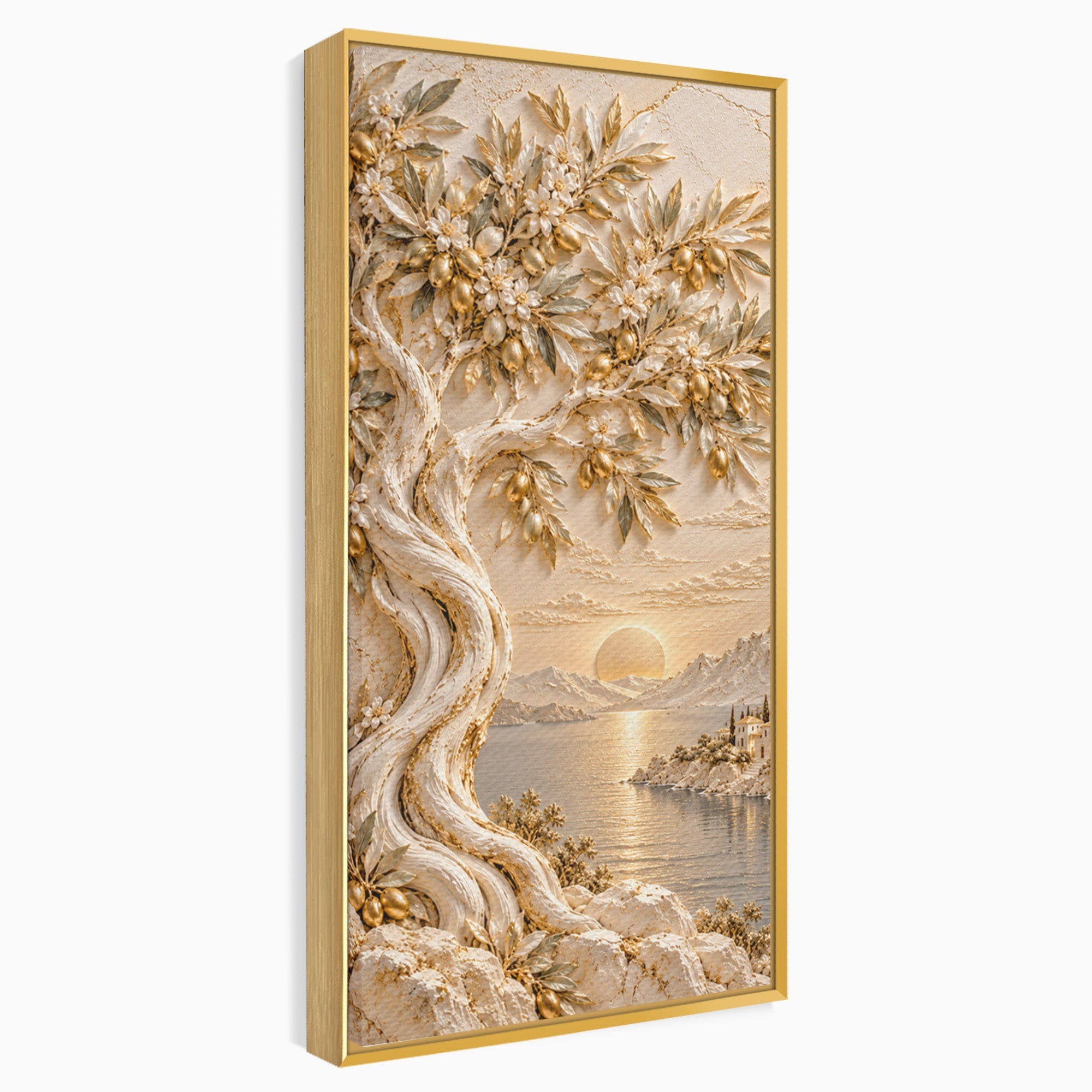 Tablou Canvas Premium LuxCanva® PI1431, Apus Auriu Pe Tarm, Peisaj, Apus, Natura, Copac, Culori Vibrante, Living, Dormitor